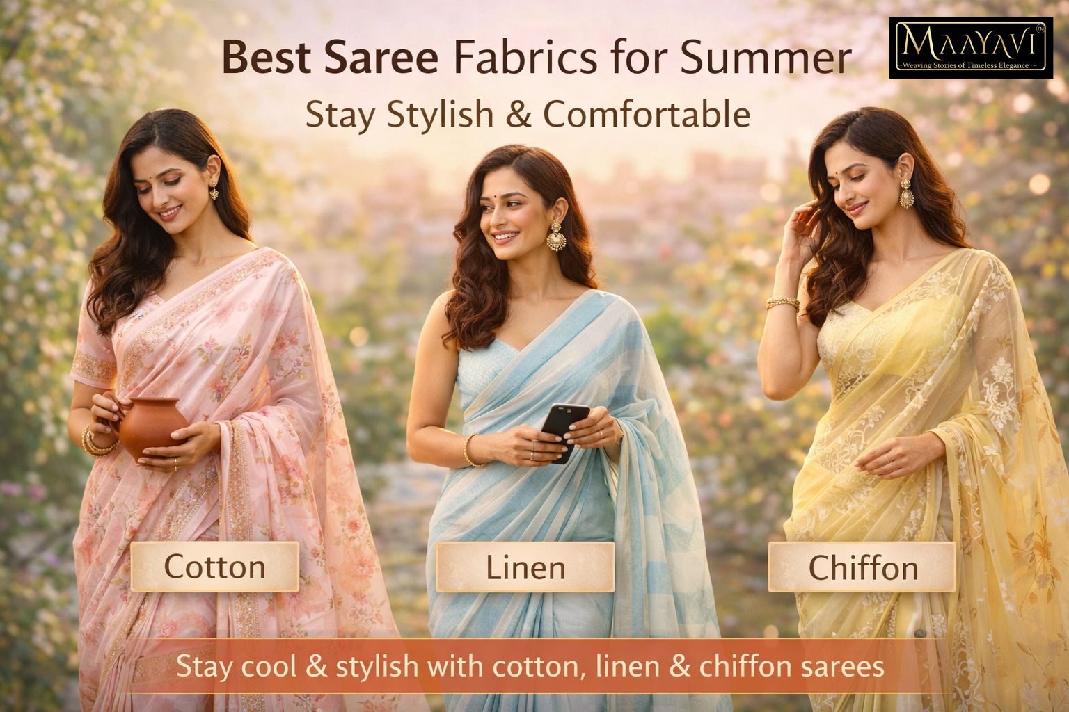 best saree fabrics for summer including cotton linen and chiffon for hot weather