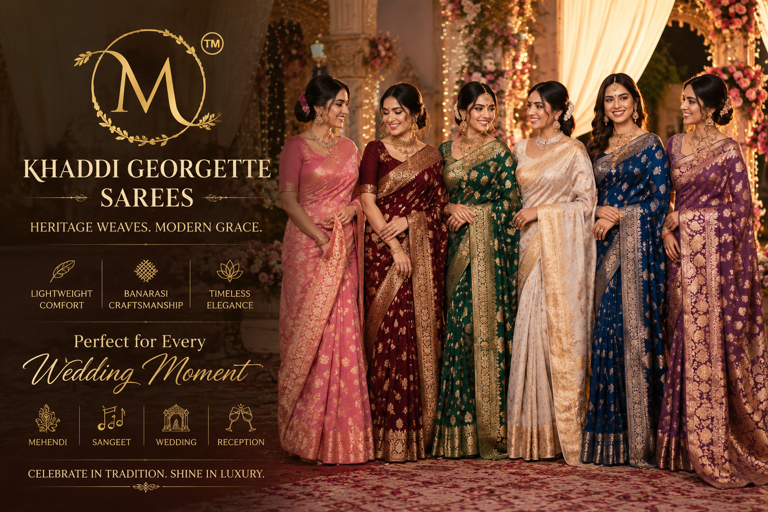 Women wearing colorful Khaddi Georgette Banarasi sarees for wedding functions by Maayavi
