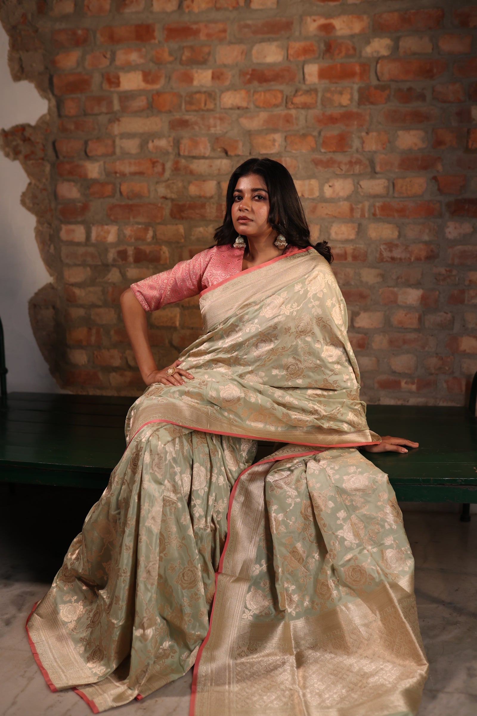 Gulab || Pastel Sage Green Pure Katan Handloom Banarasi Saree with all over 'Alfi' Rose motif and Jaal in Matte Gold Zari