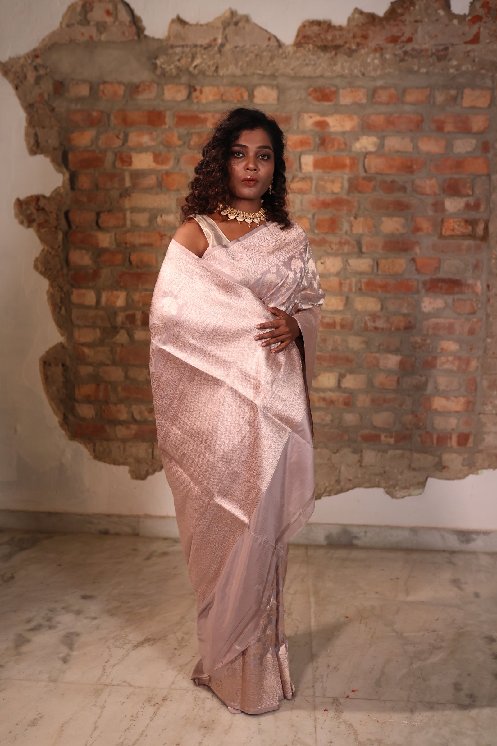 Ananya || Mushroom Grey Pure Katan Banarasi Saree with all over Floral Jaal woven in Matte Copper Zari