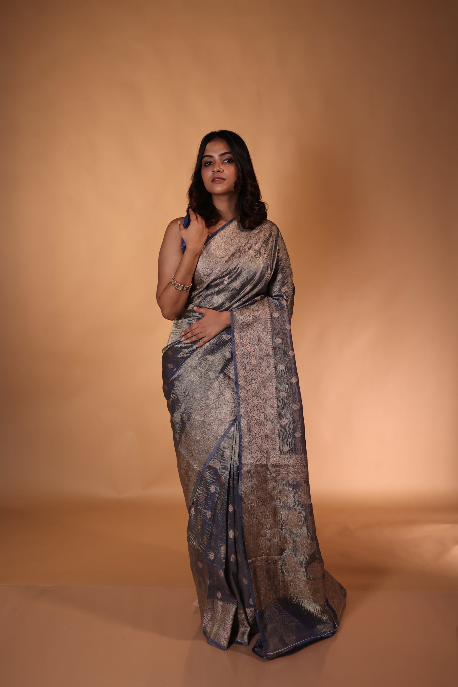 Anika || Dusty Blue Crushed Tissue Banarasi Saree with all over Copper Zari woven Buta