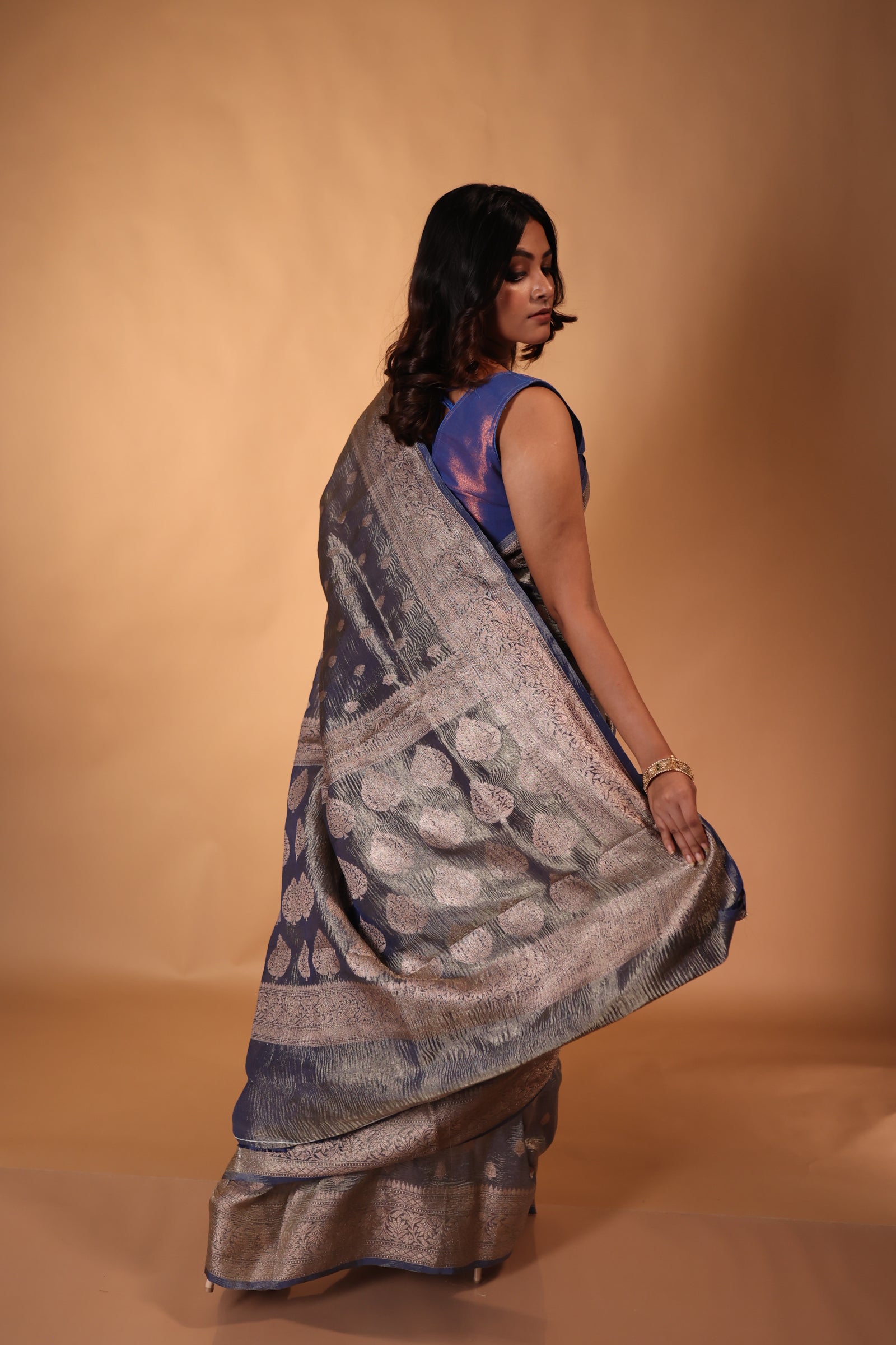 Anika || Dusty Blue Crushed Tissue Banarasi Saree with all over Copper Zari woven Buta