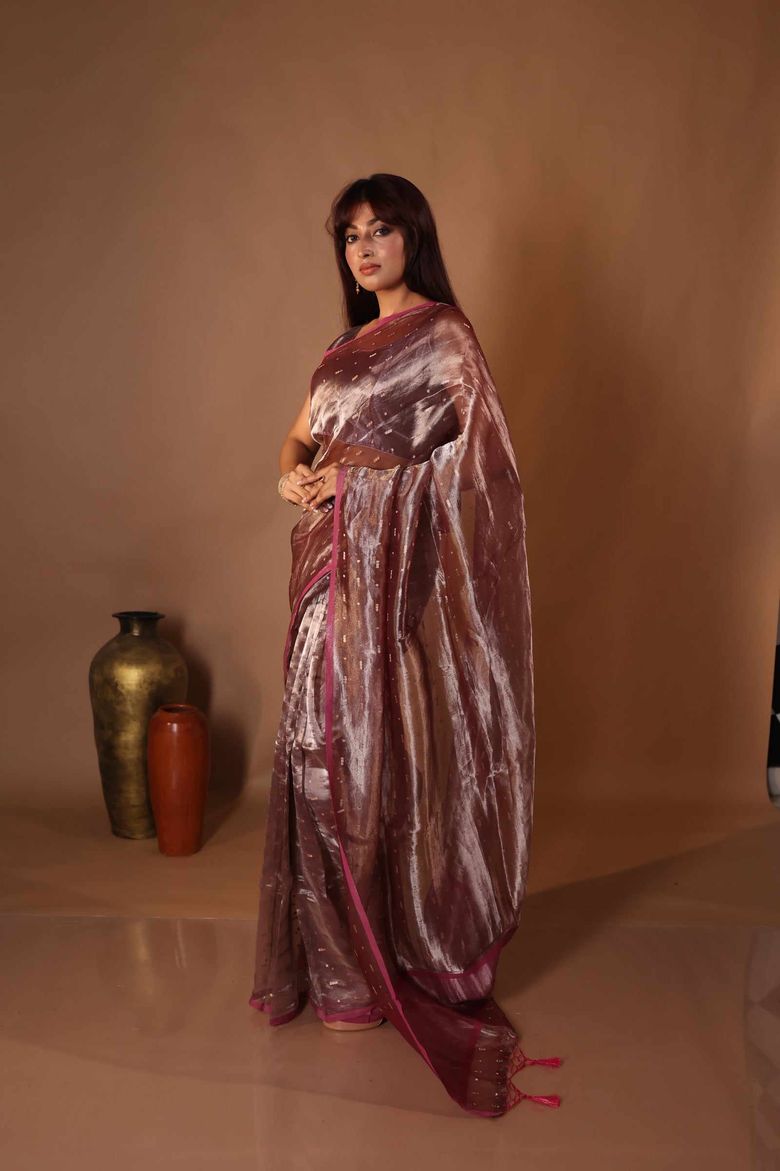 Karishma || Taupe Brown & Onion Pink Dual Tone Tissue Silk Banarasi Saree with all over Golden Zari Buti