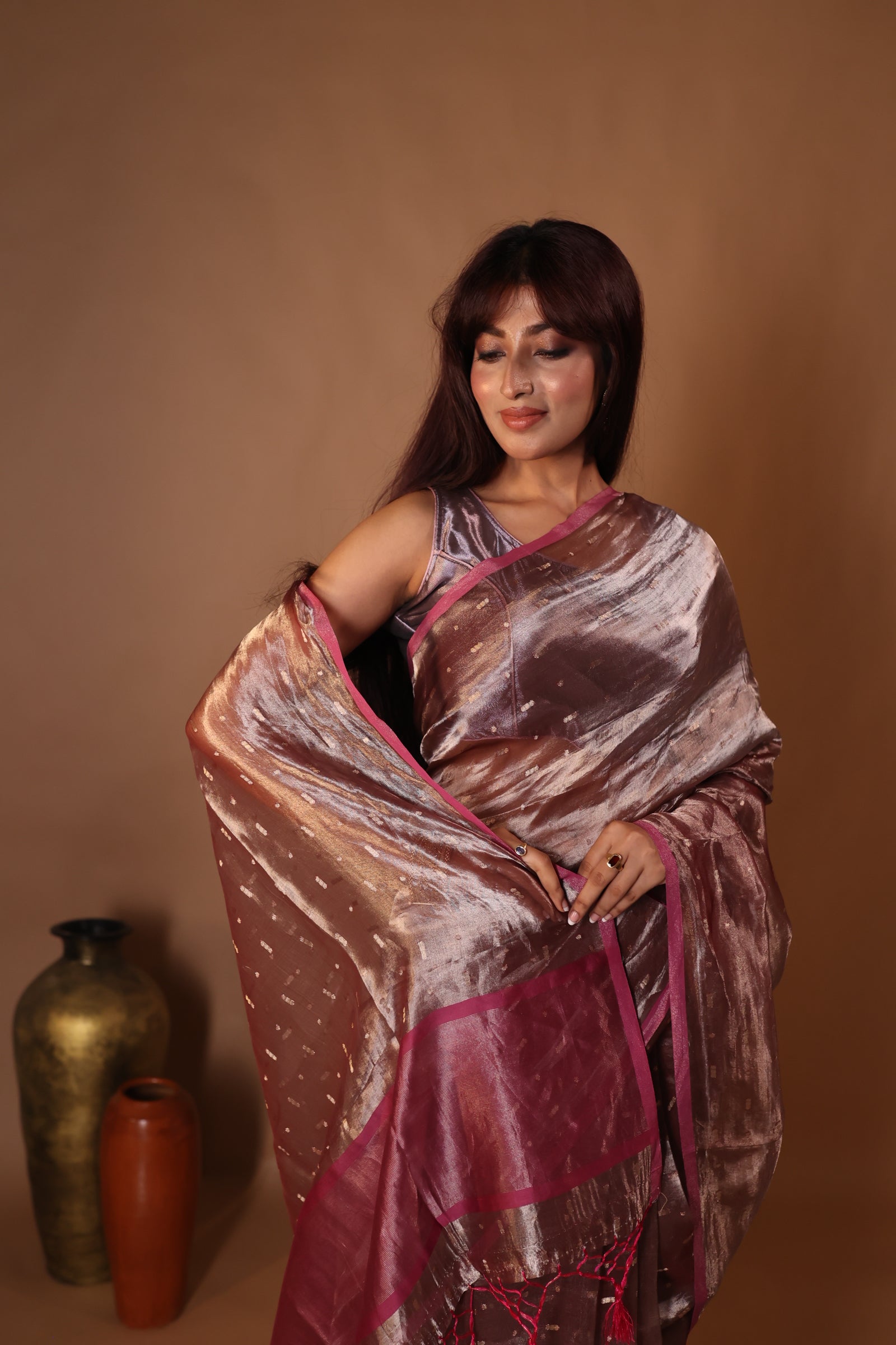 Karishma || Taupe Brown & Onion Pink Dual Tone Tissue Silk Banarasi Saree with all over Golden Zari Buti