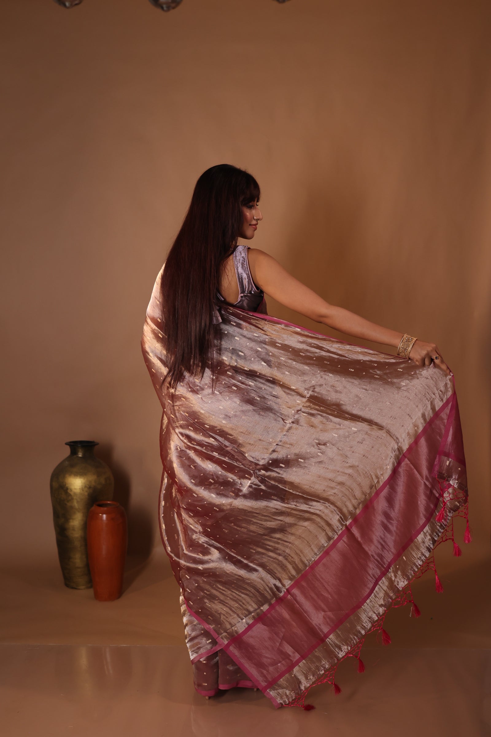 Karishma || Taupe Brown & Onion Pink Dual Tone Tissue Silk Banarasi Saree with all over Golden Zari Buti