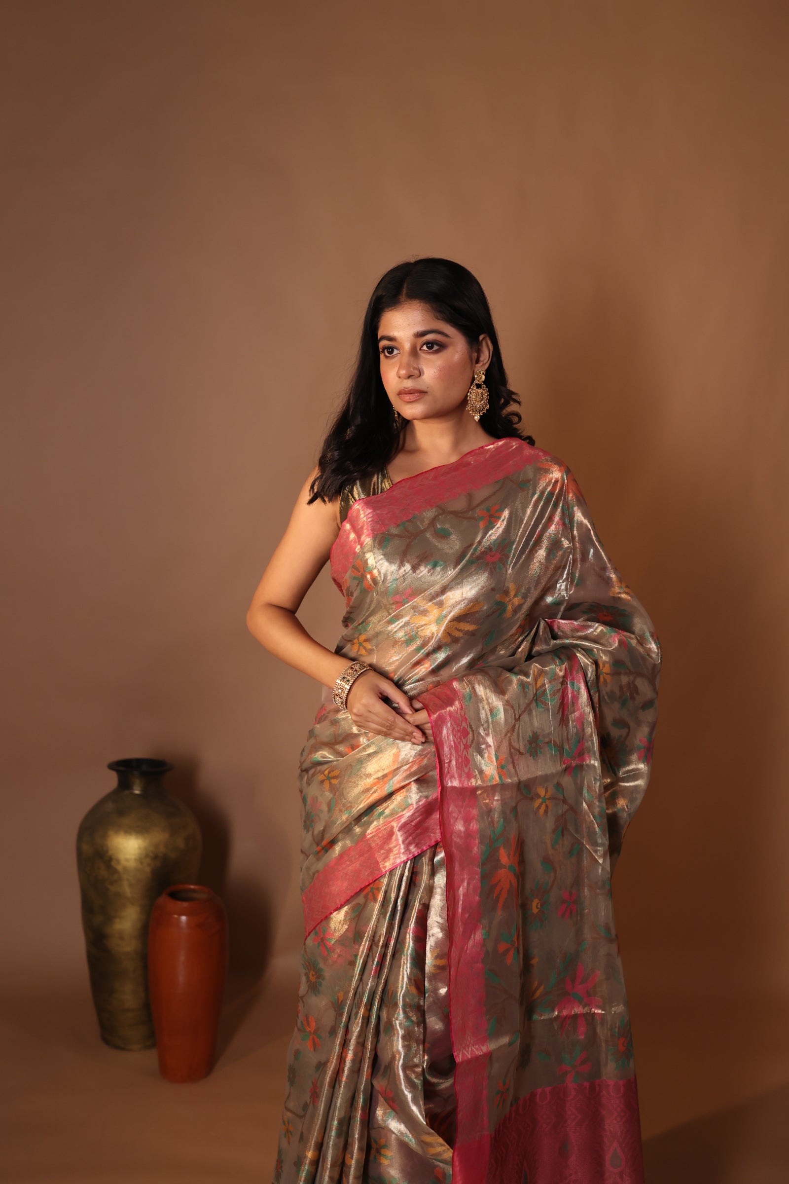 Reyanshi || Metallic Ash Brown Pure Tissue Banarasi Handloom Saree with all over Multi-colour Resham Floral Jaal, Magenta Pink border & Antique Gold Pallu