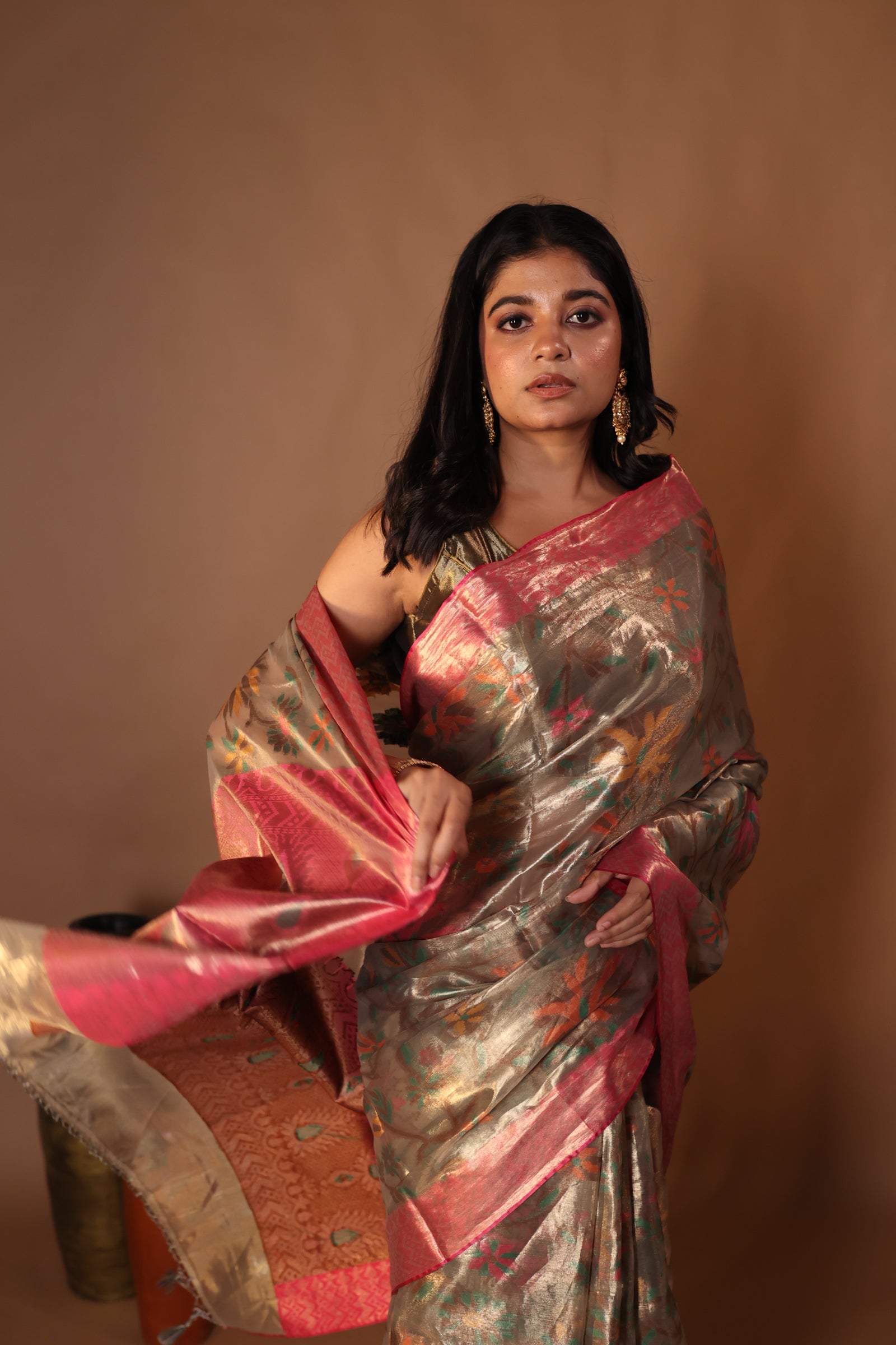 Reyanshi || Metallic Ash Brown Pure Tissue Banarasi Handloom Saree with all over Multi-colour Resham Floral Jaal, Magenta Pink border & Antique Gold Pallu