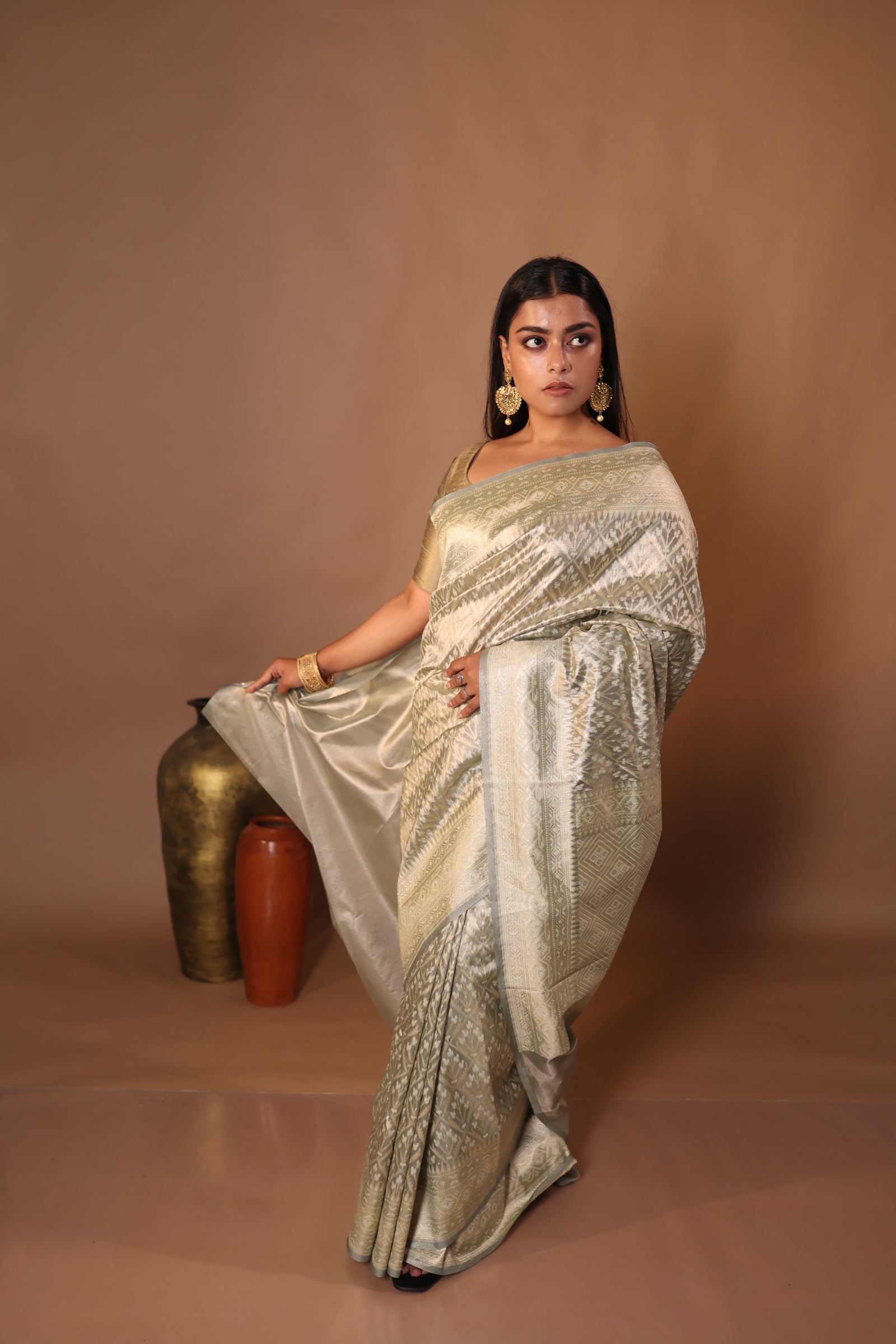 Komal || Metallic Ash Chanderi Katan Tissue Banarasi Saree with all over Leaf motif Buta & Jaal woven in Matte Gold Zari