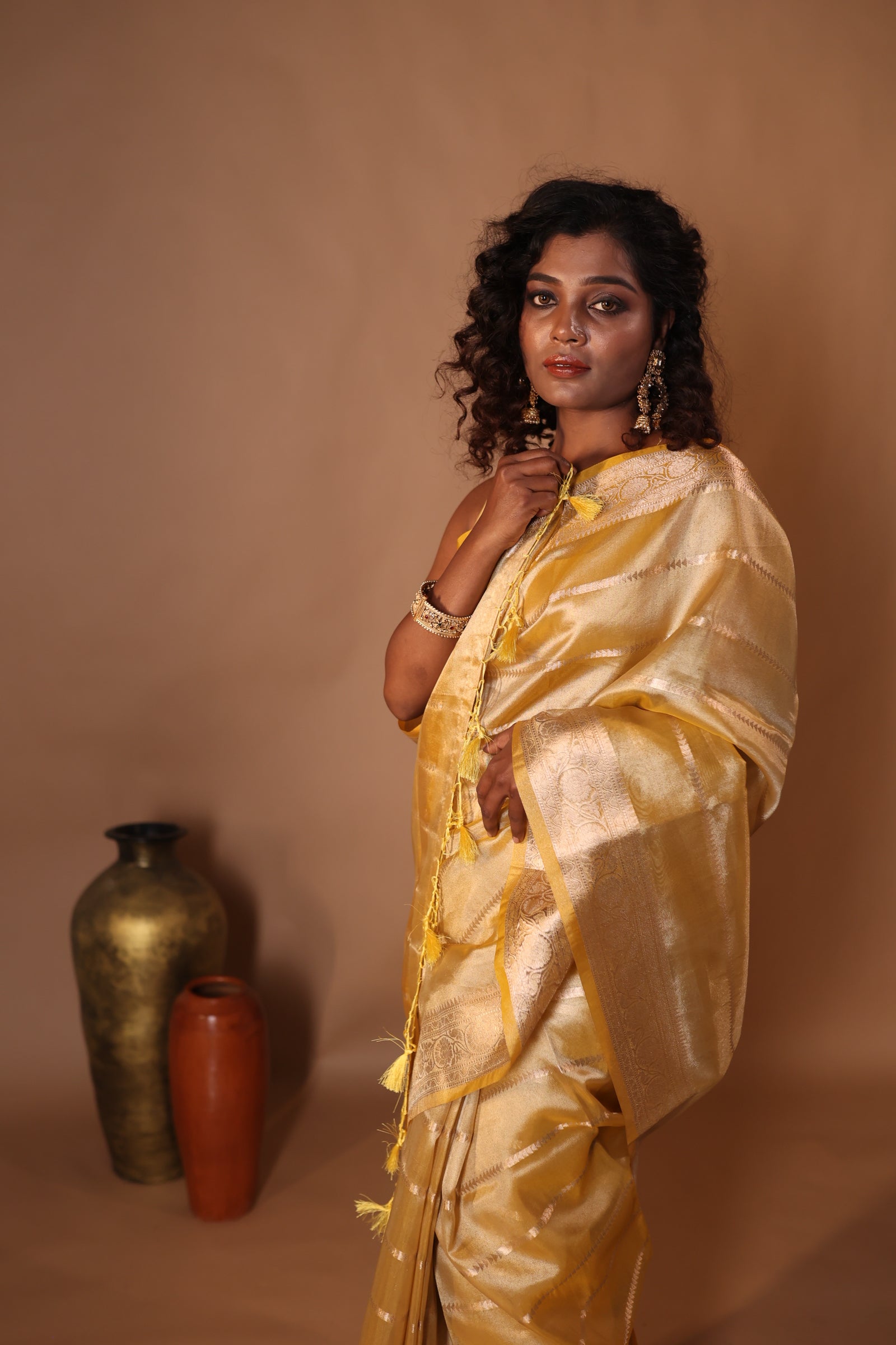 Anahita || Metallic Ochre Yellow Tissue Silk Banarasi Saree with all over Matte Gold Woven Stripes