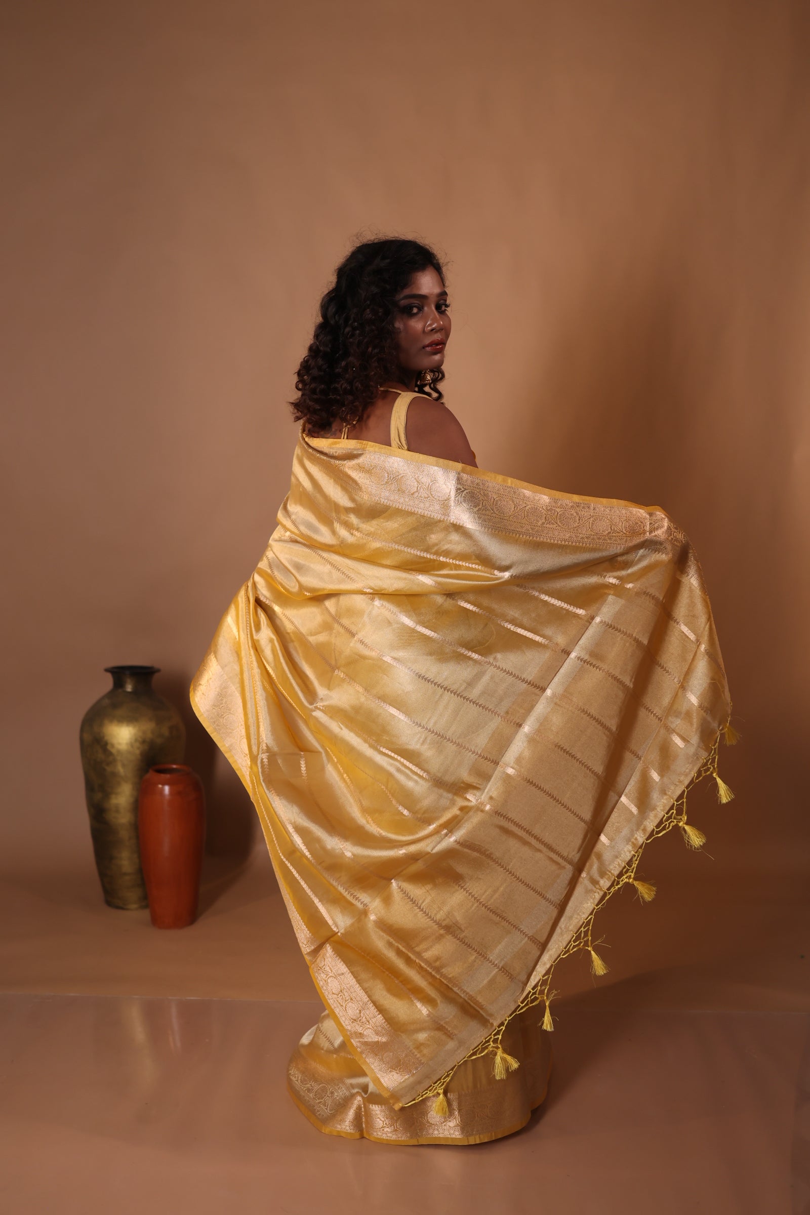 Anahita || Metallic Ochre Yellow Tissue Silk Banarasi Saree with all over Matte Gold Woven Stripes