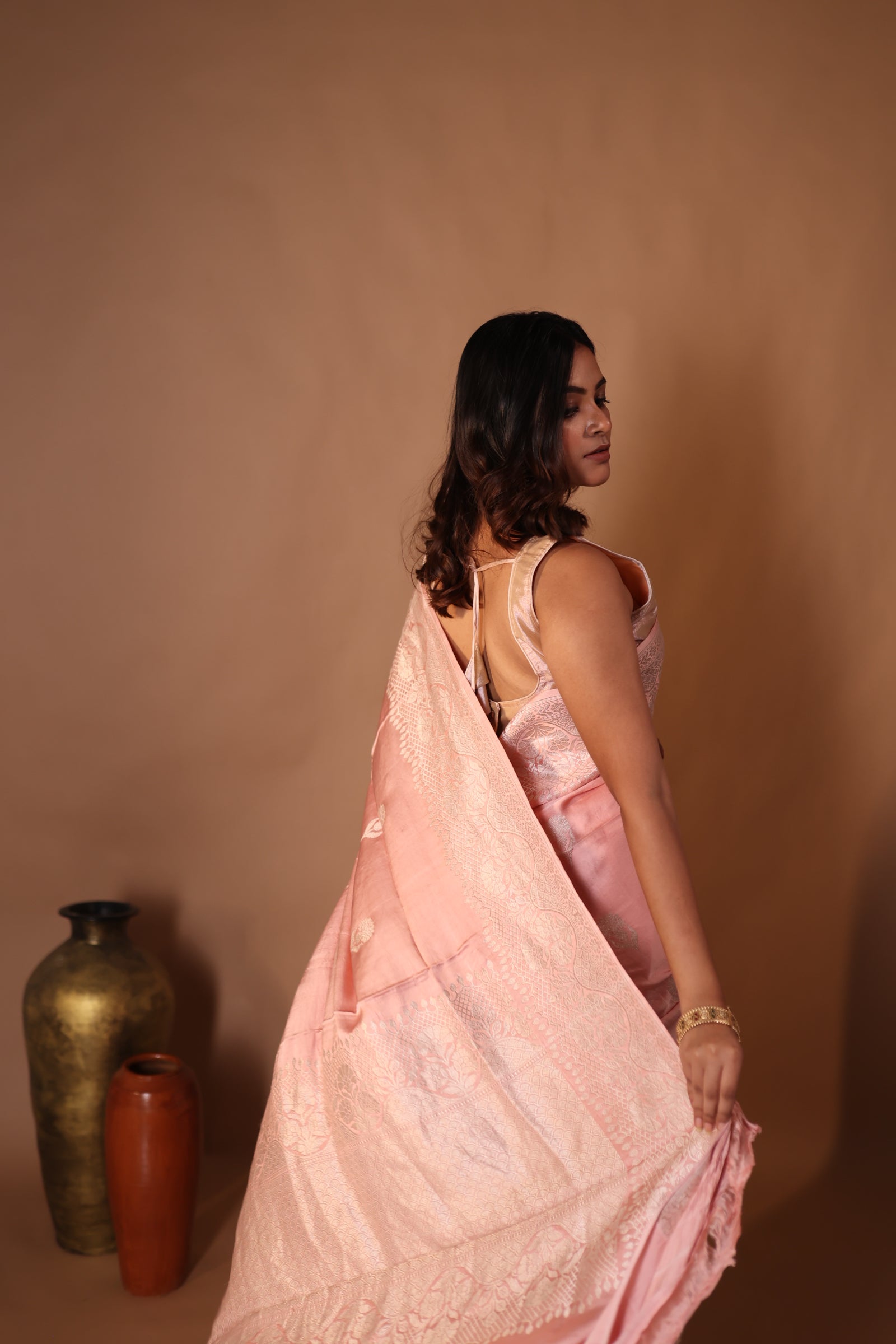 Pankhuri || Rose Quartz Pink Pure Mashru Silk Handloom Banarasi Saree with all over Matte Silver Zari Kadhua Buta and Border