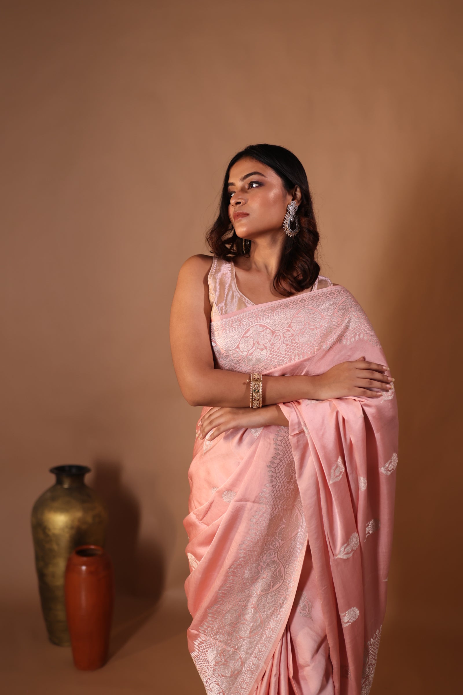 Pankhuri || Rose Quartz Pink Pure Mashru Silk Handloom Banarasi Saree with all over Matte Silver Zari Kadhua Buta and Border