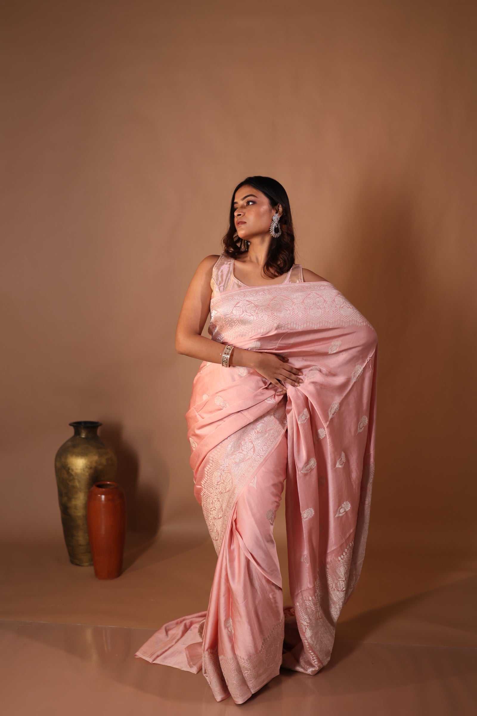 Pankhuri || Rose Quartz Pink Pure Mashru Silk Handloom Banarasi Saree with all over Matte Silver Zari Kadhua Buta and Border