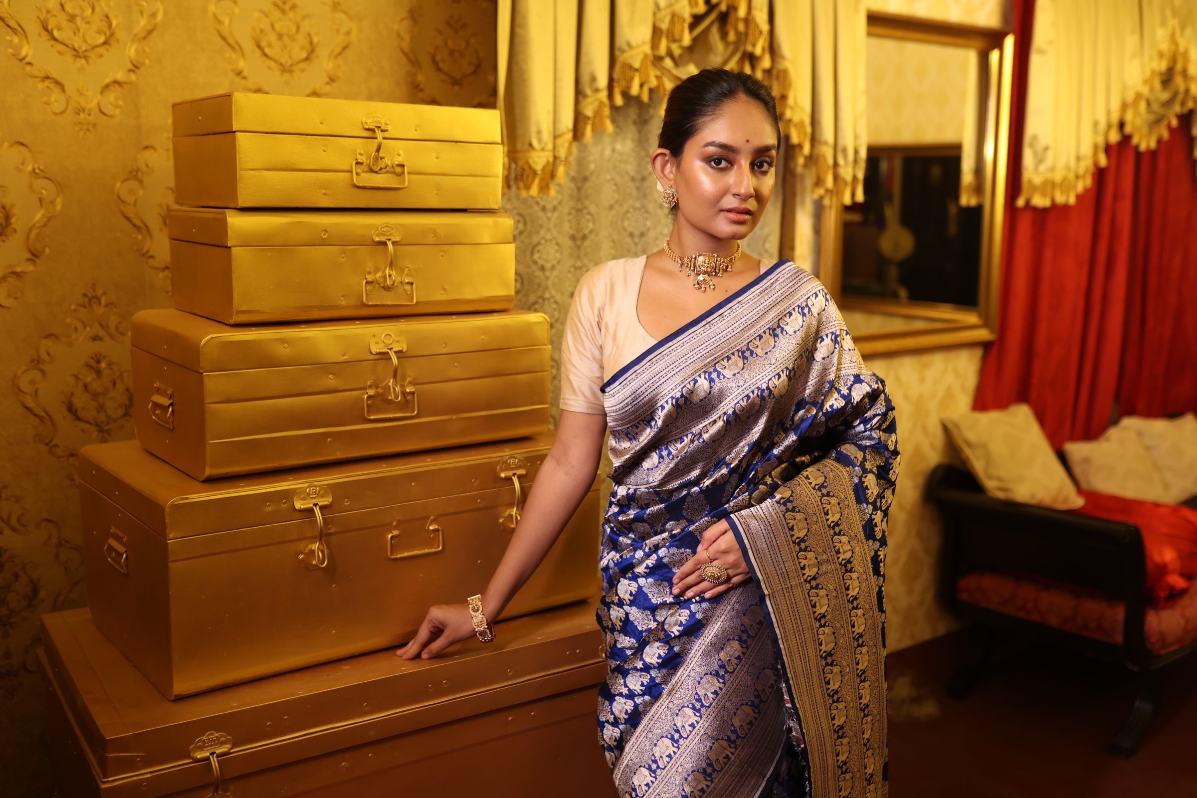 Gajalakshmi || Navy Blue Pure Katan Handloom Banarasi Shikargah Saree with all over Elephant motif in 'Sona-Rupa' Zari