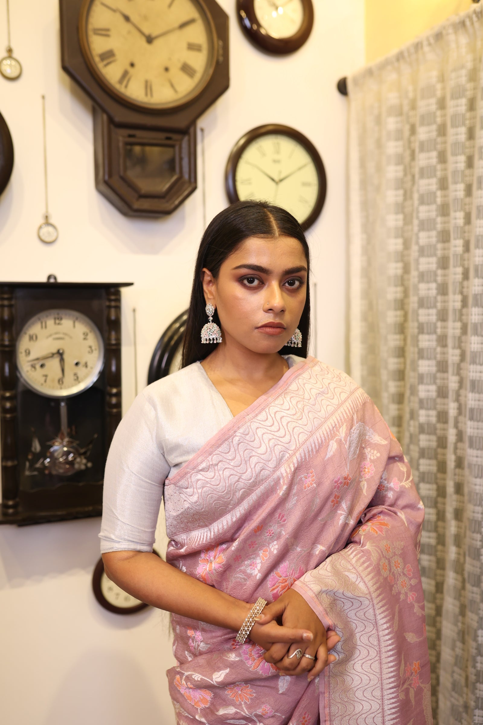 Prajakta || Pale Plum Pure Tussar Georgette Handloom Banarasi Saree with all over Matte Silver Zari Floral Jangla and Meenakari highlights