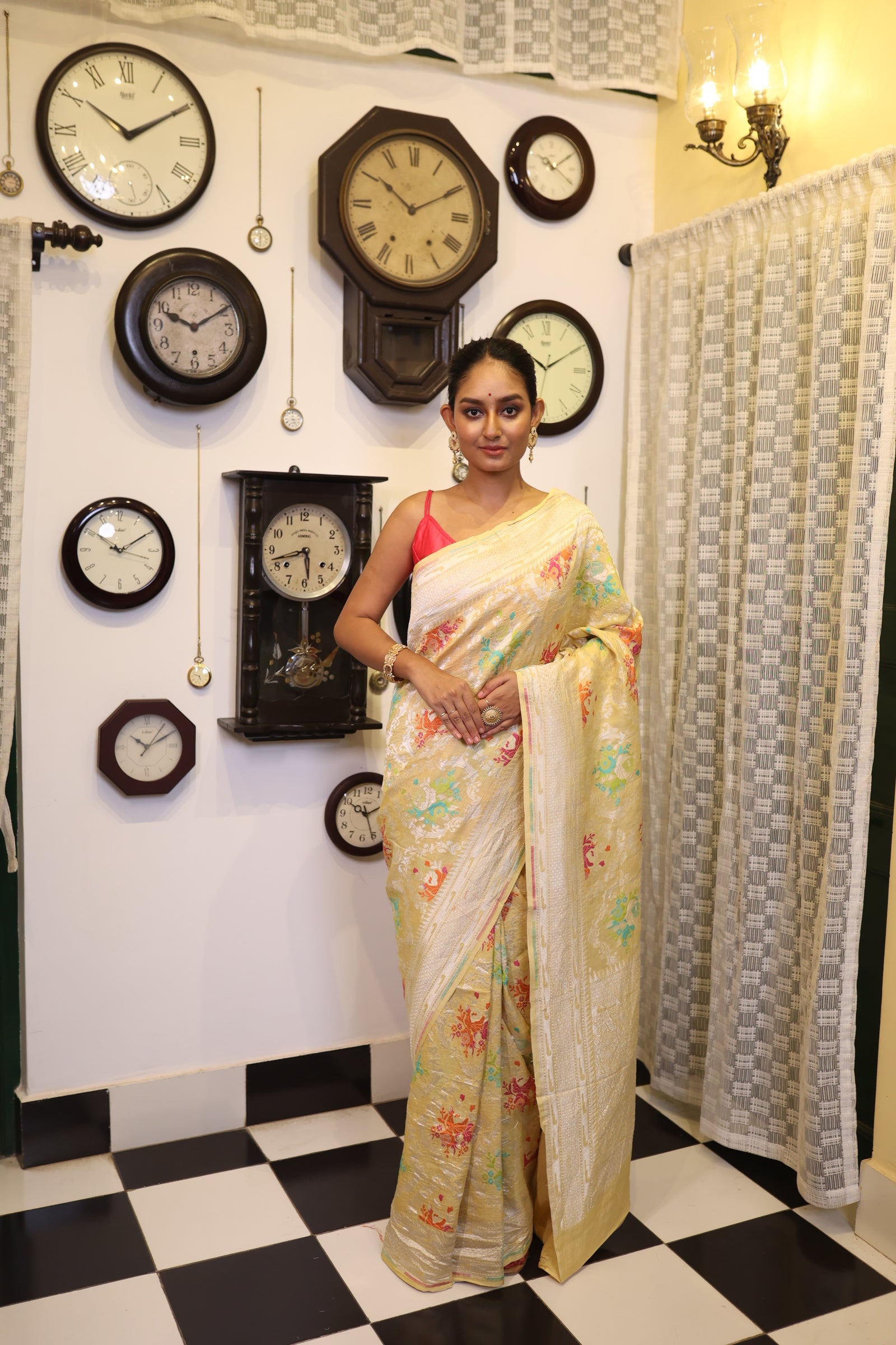 Rangili || Buttermilk Yellow Pure Tussar Georgette Handloom Banarasi Saree with all over Multi-colour Splash and Silver Zari Jaal