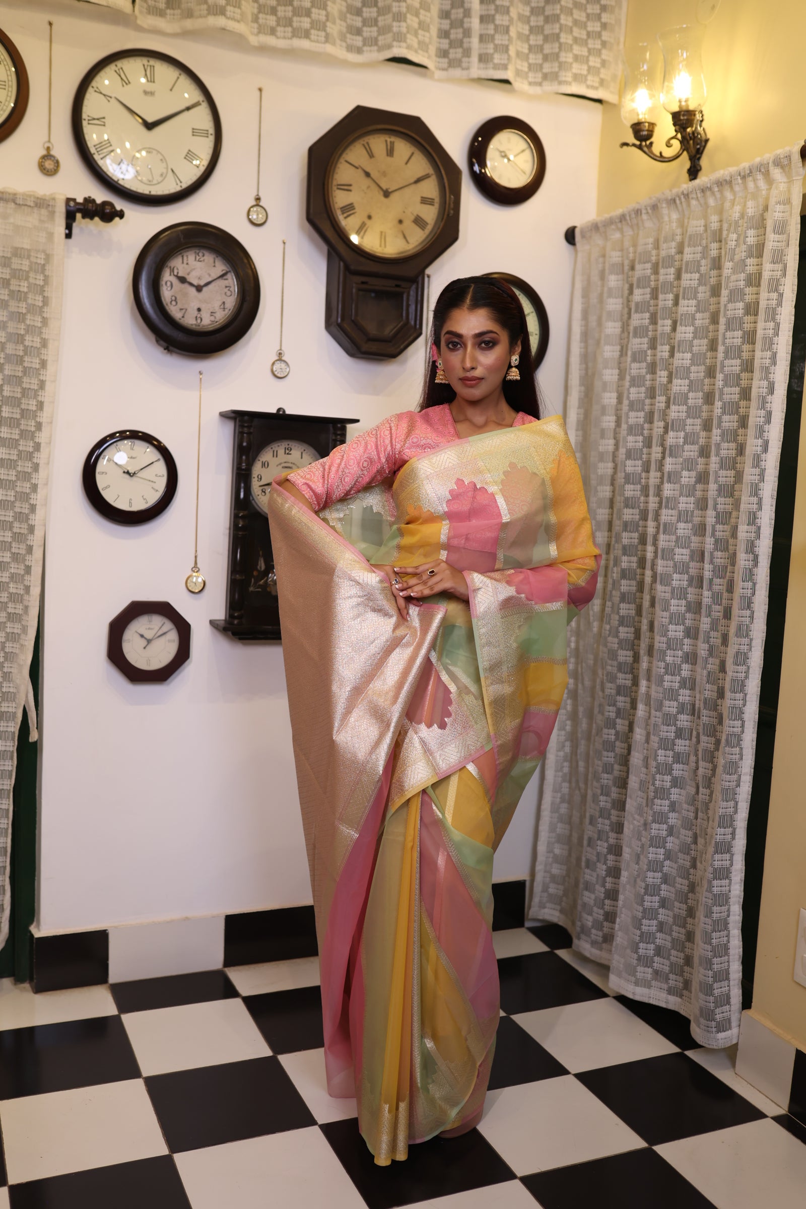 Brisa || Mint Green, Baby Pink & Mango Yellow Rangkaat Pure Organza Banarasi Saree with all over Matte Gold Zari Stripes and Brocade Pallu