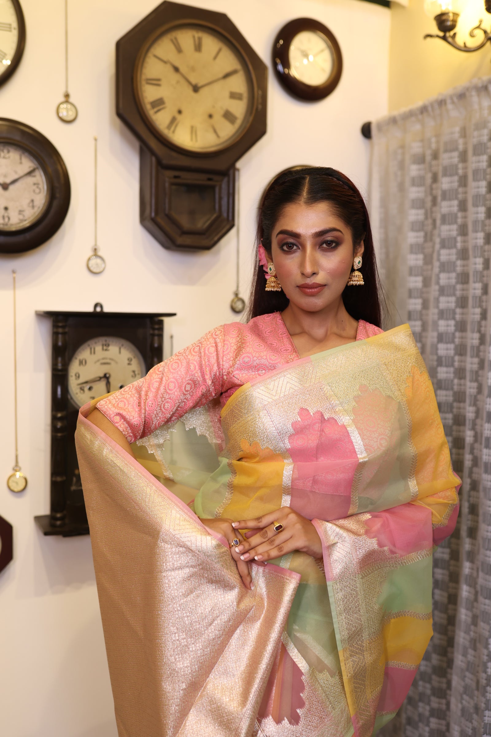 Brisa || Mint Green, Baby Pink & Mango Yellow Rangkaat Pure Organza Banarasi Saree with all over Matte Gold Zari Stripes and Brocade Pallu