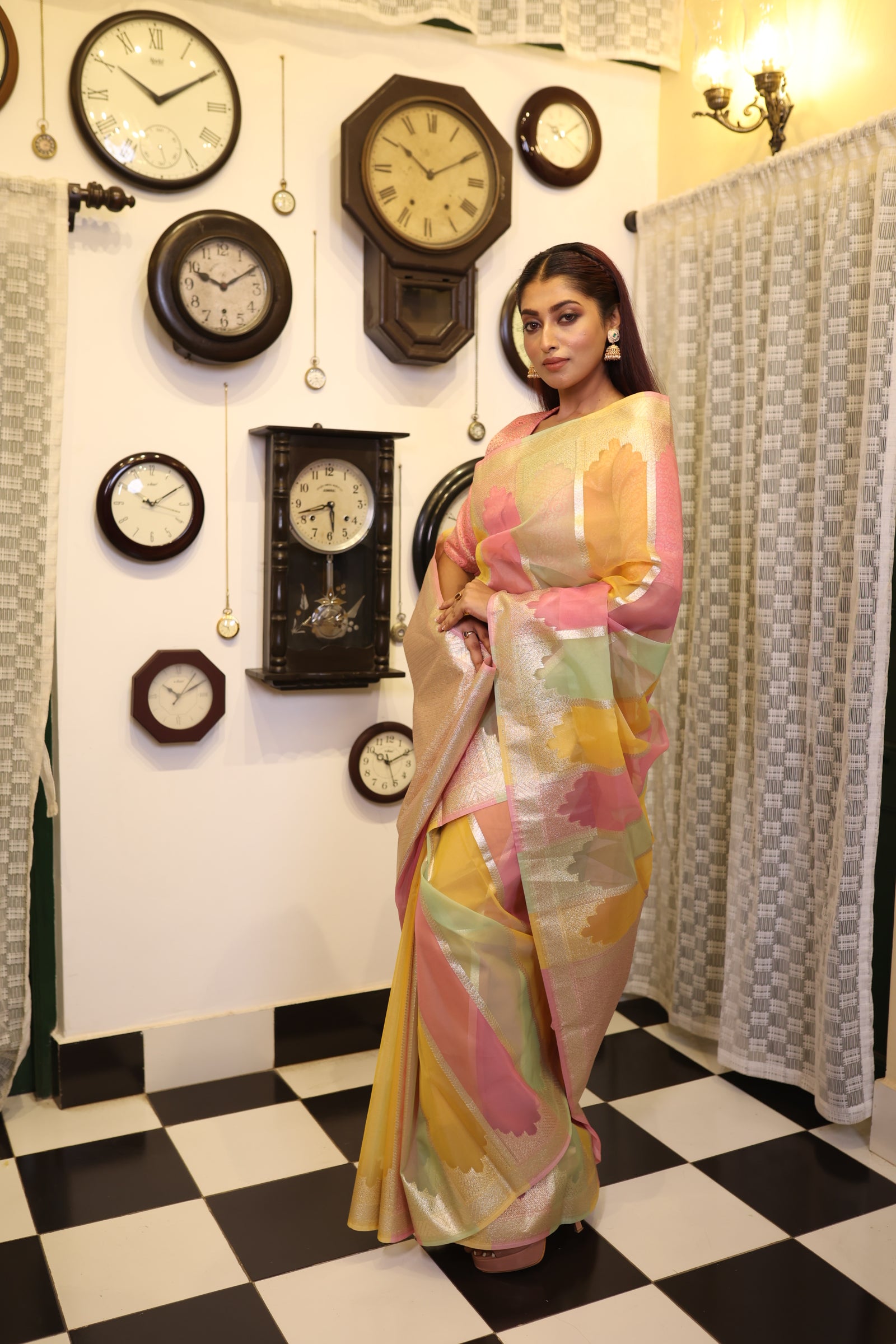 Brisa || Mint Green, Baby Pink & Mango Yellow Rangkaat Pure Organza Banarasi Saree with all over Matte Gold Zari Stripes and Brocade Pallu