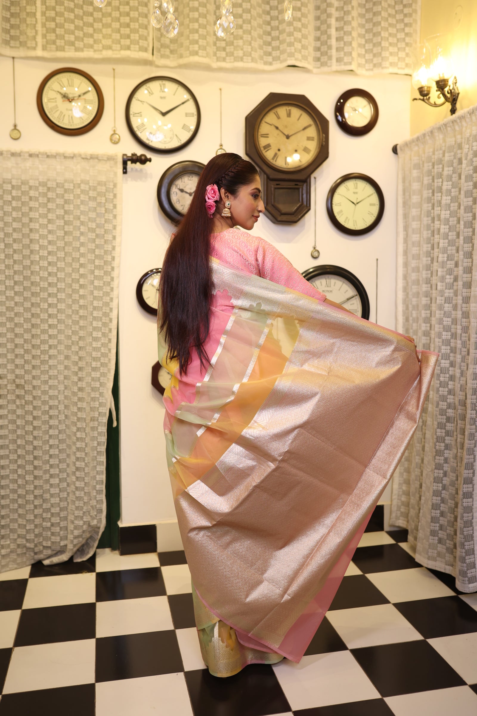 Brisa || Mint Green, Baby Pink & Mango Yellow Rangkaat Pure Organza Banarasi Saree with all over Matte Gold Zari Stripes and Brocade Pallu