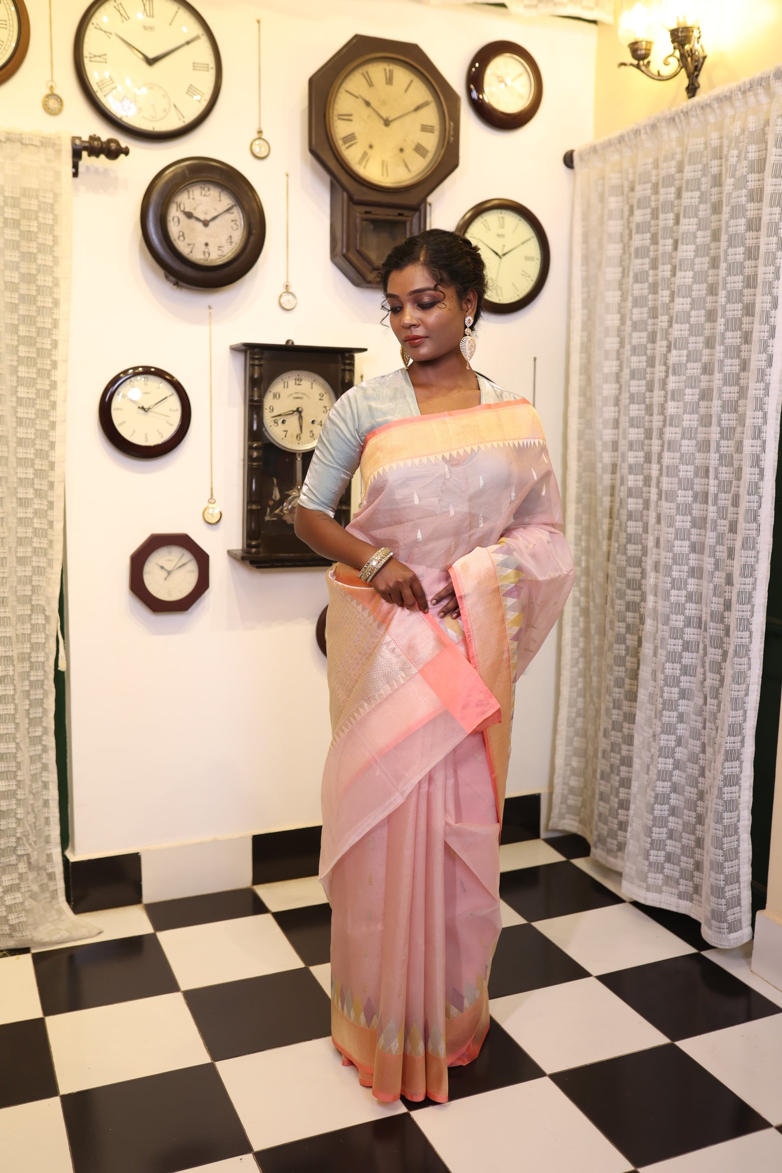 Udita || Pastel Pink Pure Kora Silk Handloom Banarasi Saree with all over 'Sona Rupa' Zari Kadhua Buta and Multi-colour Abstract designer border