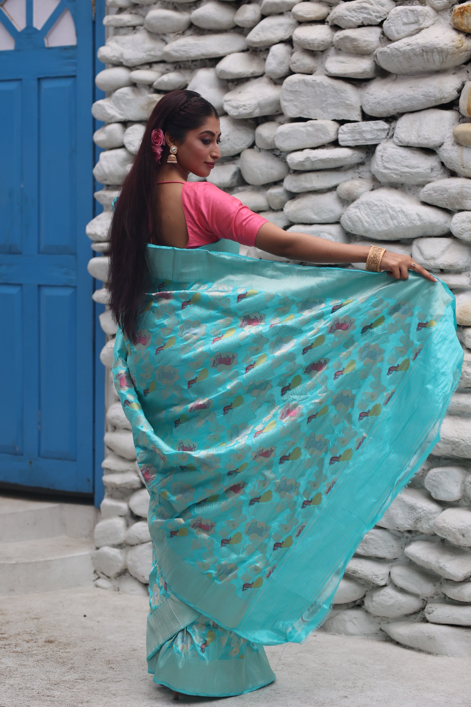 Vrindavani || Turquoise Blue Pure Katan Handloom Banarasi Shikargah Saree with all over Pichwai Kamdhenu & Peacock motif in Matte Gold Zari