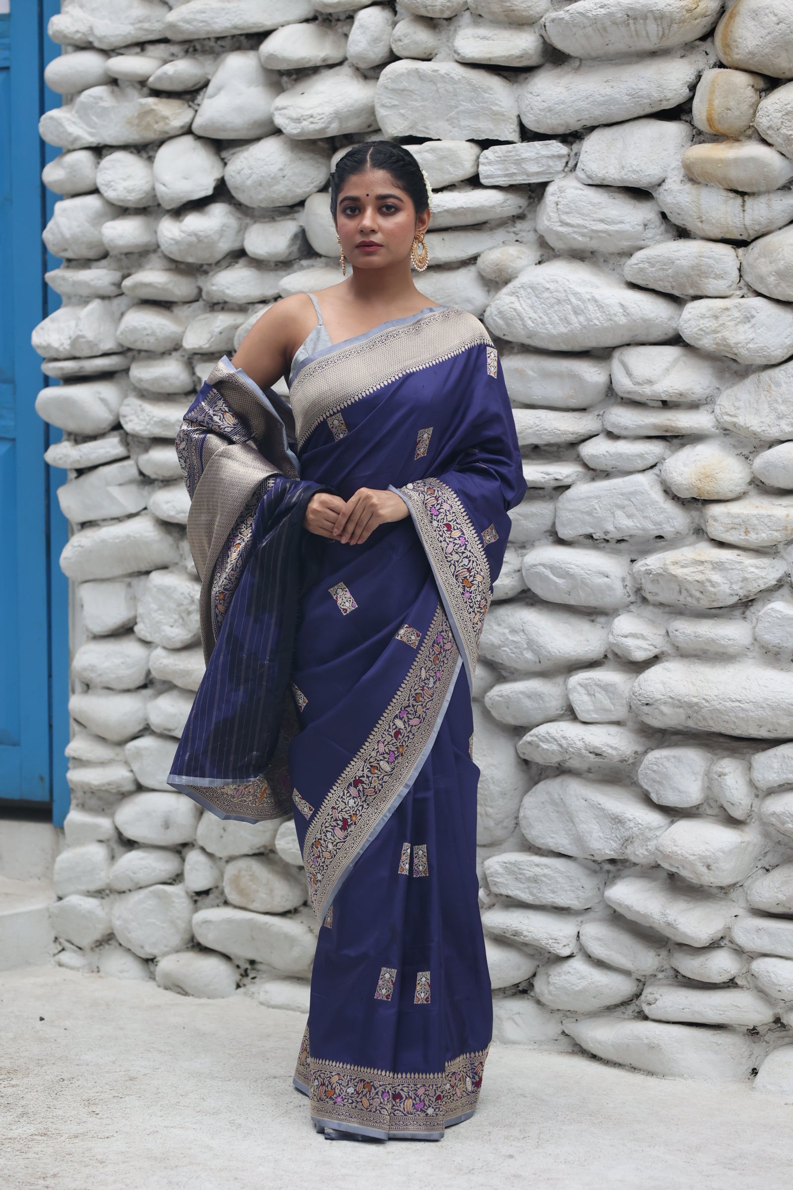 Nilakshi || Midnight Blue Pure Katan Handloom Banarasi Saree with all over 'Sona Rupa' Zari Kadhua Floral Box motif Buta with Meenakari highlights and Checkered Border