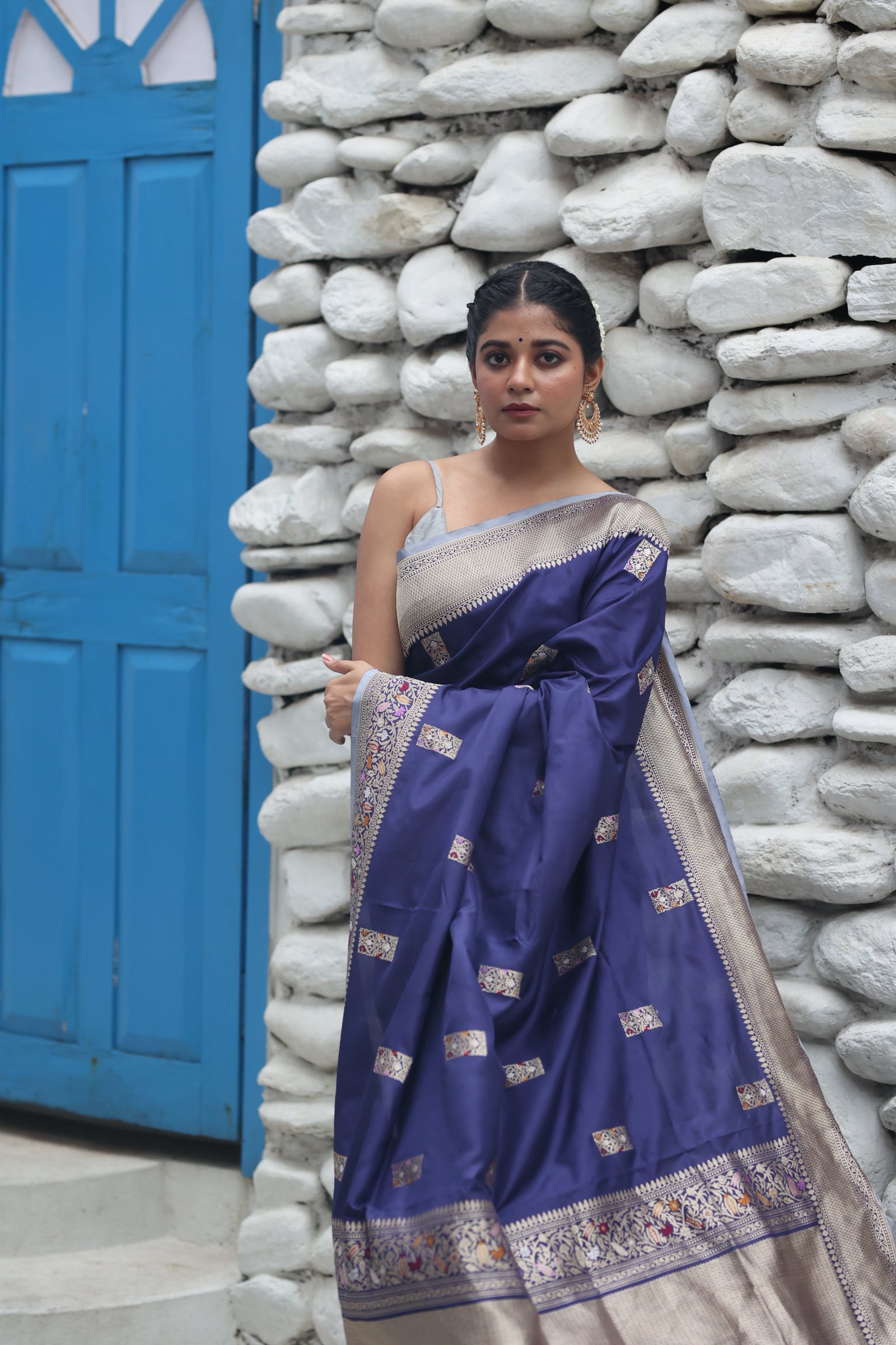 Nilakshi || Midnight Blue Pure Katan Handloom Banarasi Saree with all over 'Sona Rupa' Zari Kadhua Floral Box motif Buta with Meenakari highlights and Checkered Border