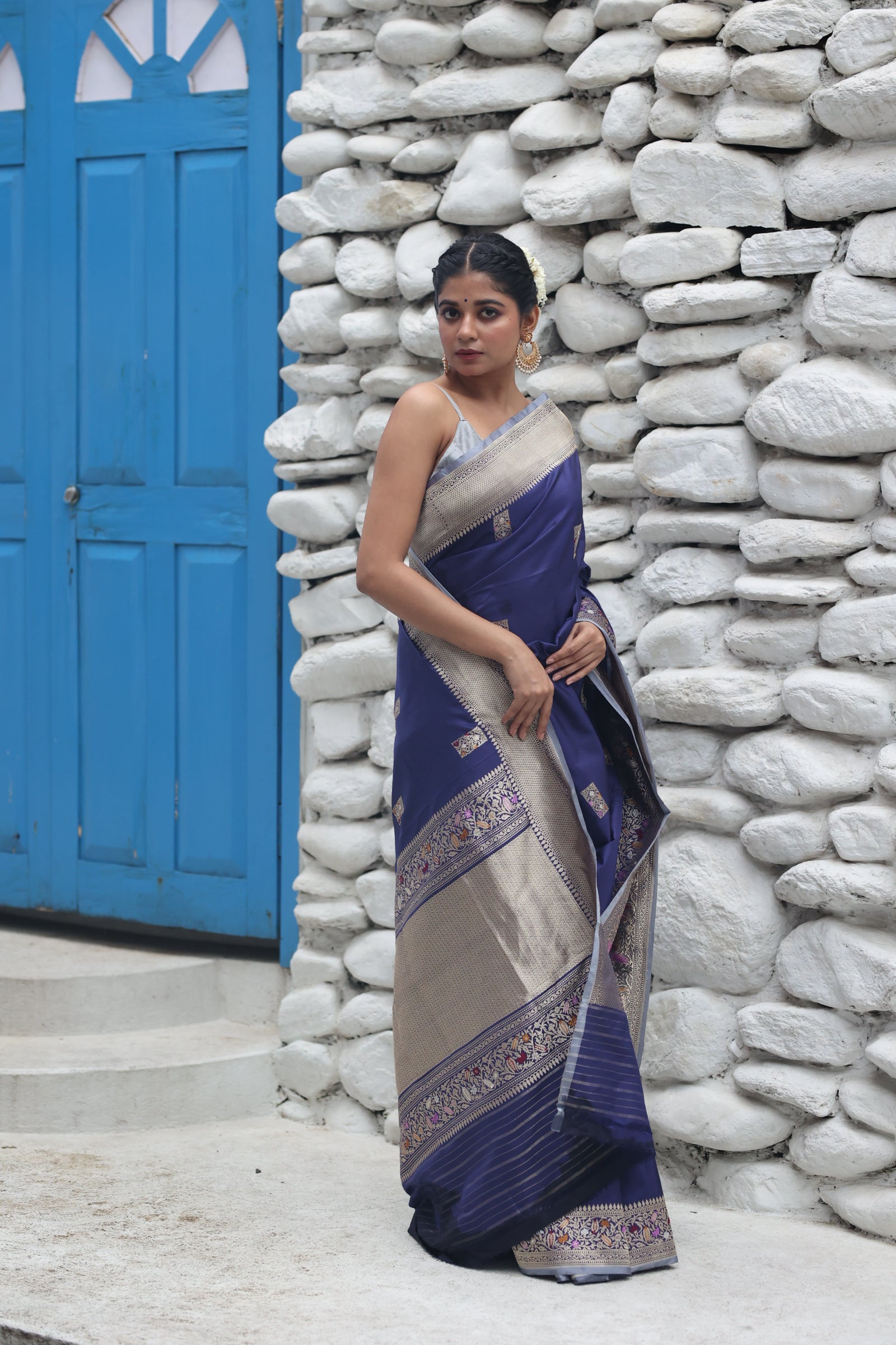 Nilakshi || Midnight Blue Pure Katan Handloom Banarasi Saree with all over 'Sona Rupa' Zari Kadhua Floral Box motif Buta with Meenakari highlights and Checkered Border