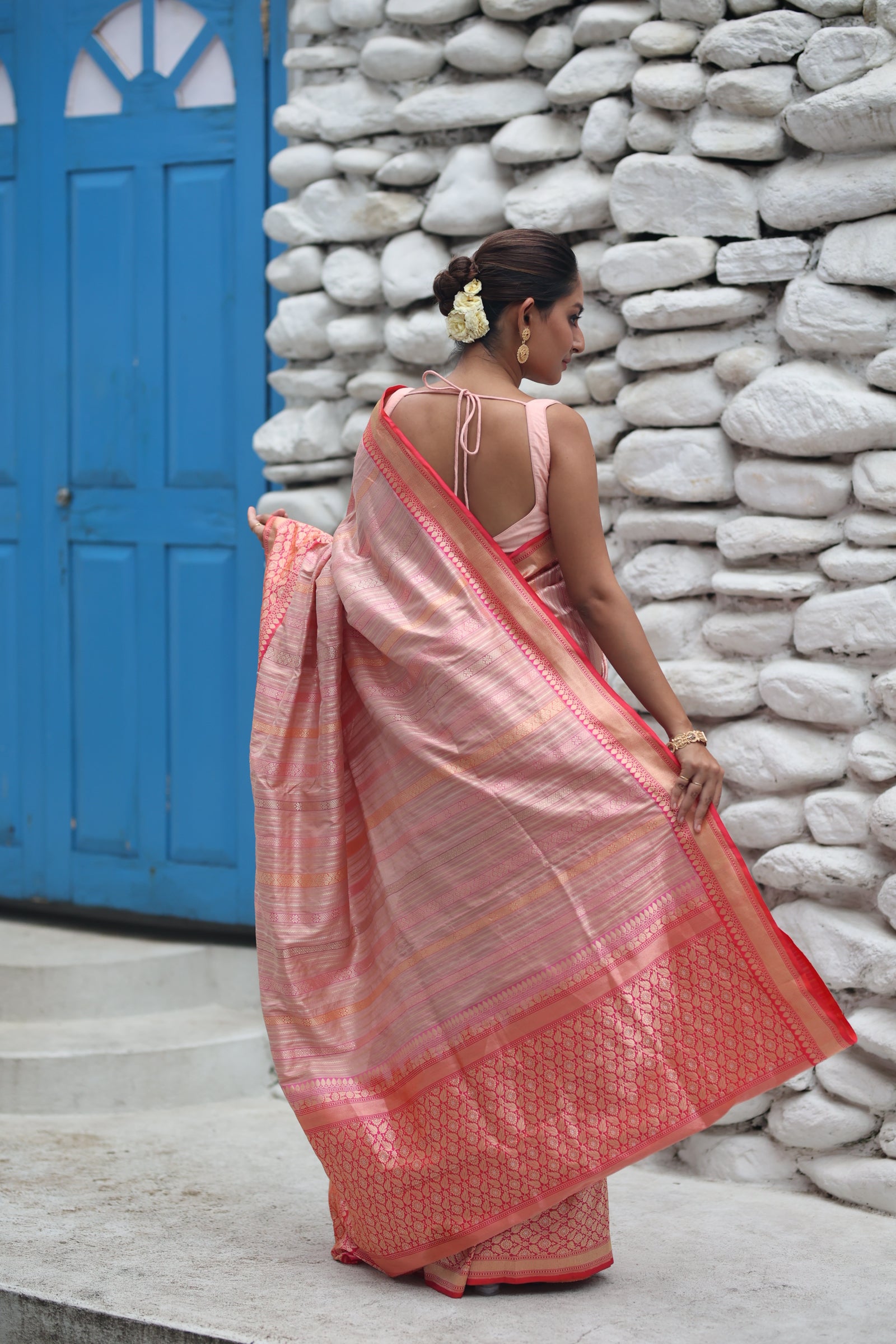 Saroja || Pastel Pink Pure Katan Handloom Banarasi Saree with all over 'Sona-Rupa' Zari Kadhua Stripe and Magenta Pink border