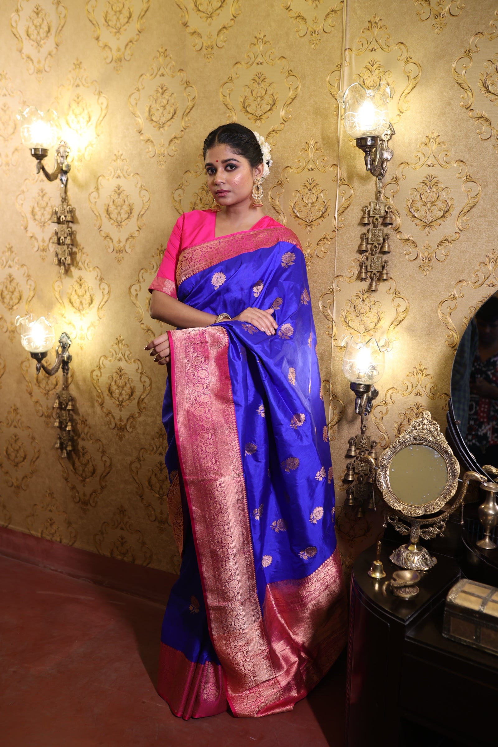 Neelambari || Royal Blue Pure Katan Handloom Banarasi Saree with Kadhiyal Lock Copper Zari Buta and Magenta Pink border