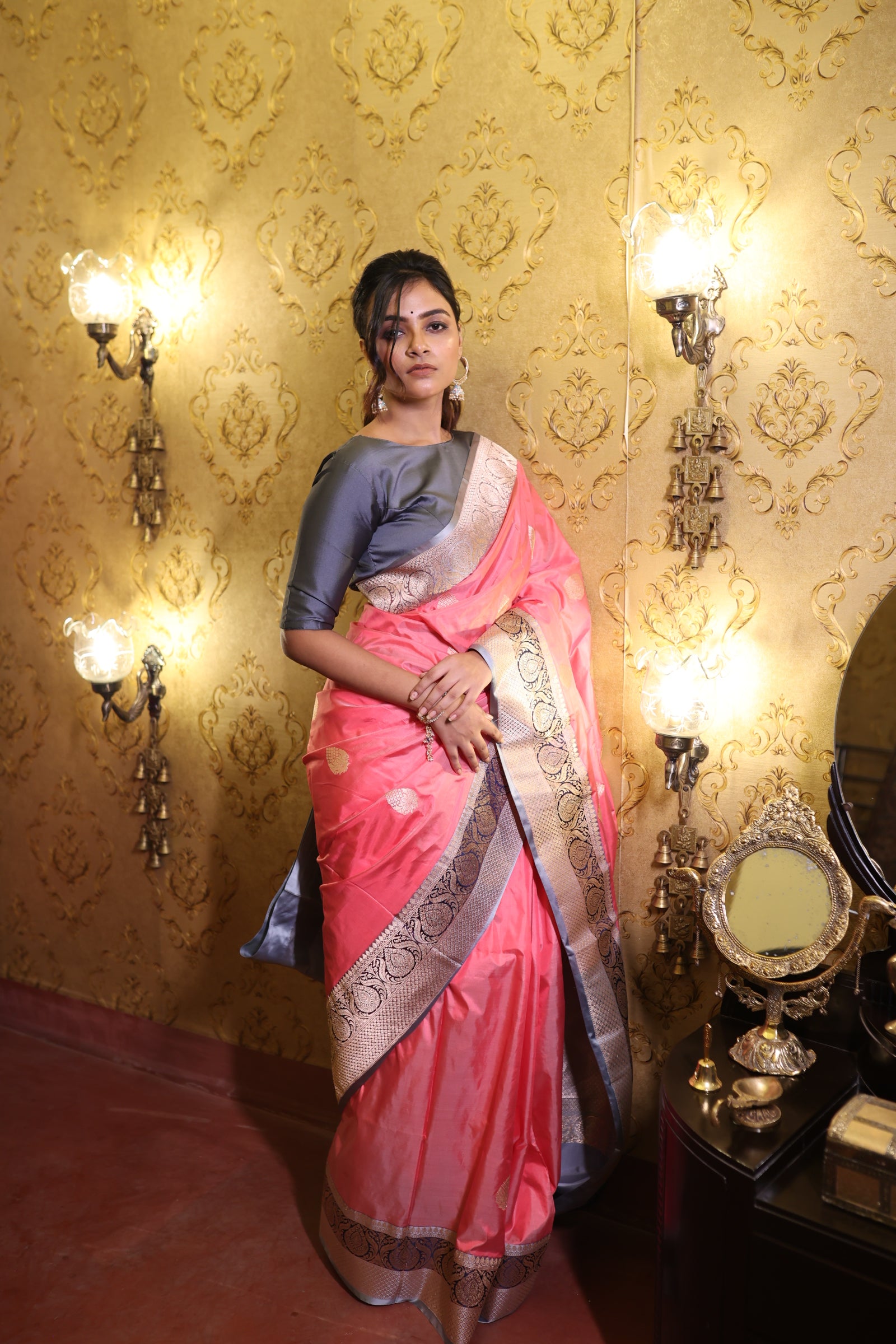Nalini || Dusty Pink Pure Katan Handloom Banarasi Saree with Kadhiyal Lock Silver Zari Buta and Grey border