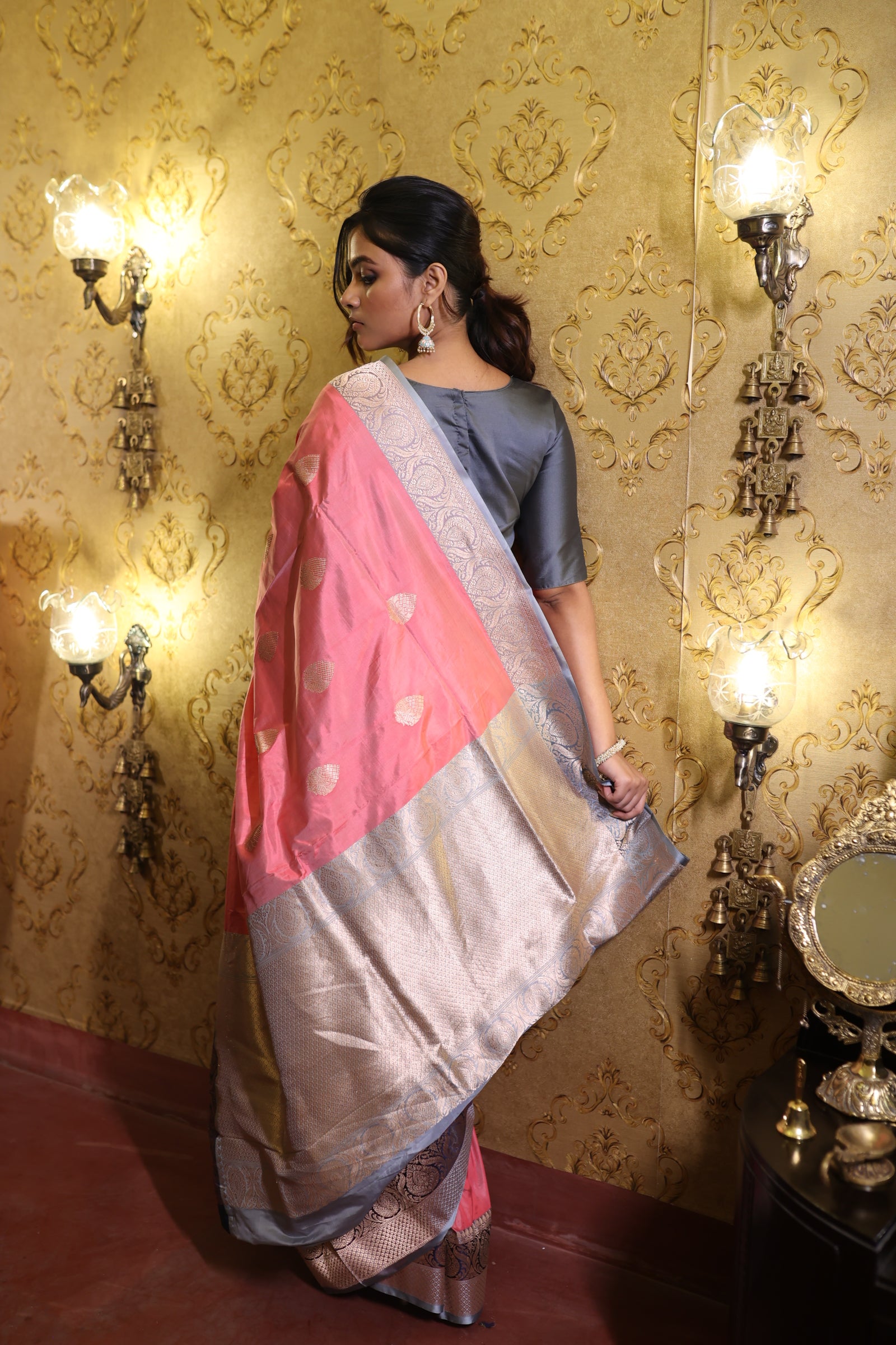 Nalini || Dusty Pink Pure Katan Handloom Banarasi Saree with Kadhiyal Lock Silver Zari Buta and Grey border