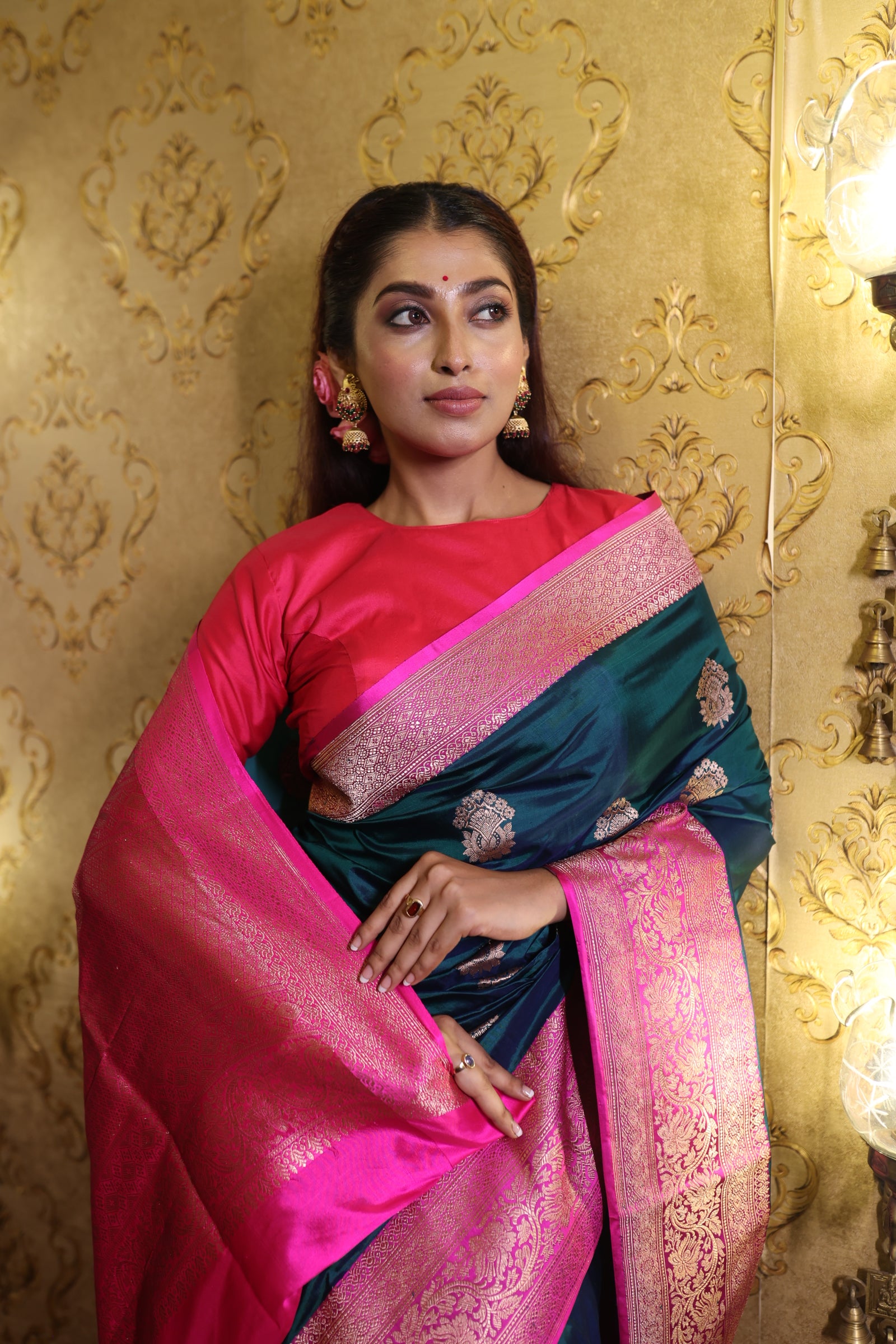 Vanani || Bottle Green & Peacock Blue dual tone Pure Katan Handloom Banarasi Saree with all over Copper Zari Kadhua Buta and Magenta border