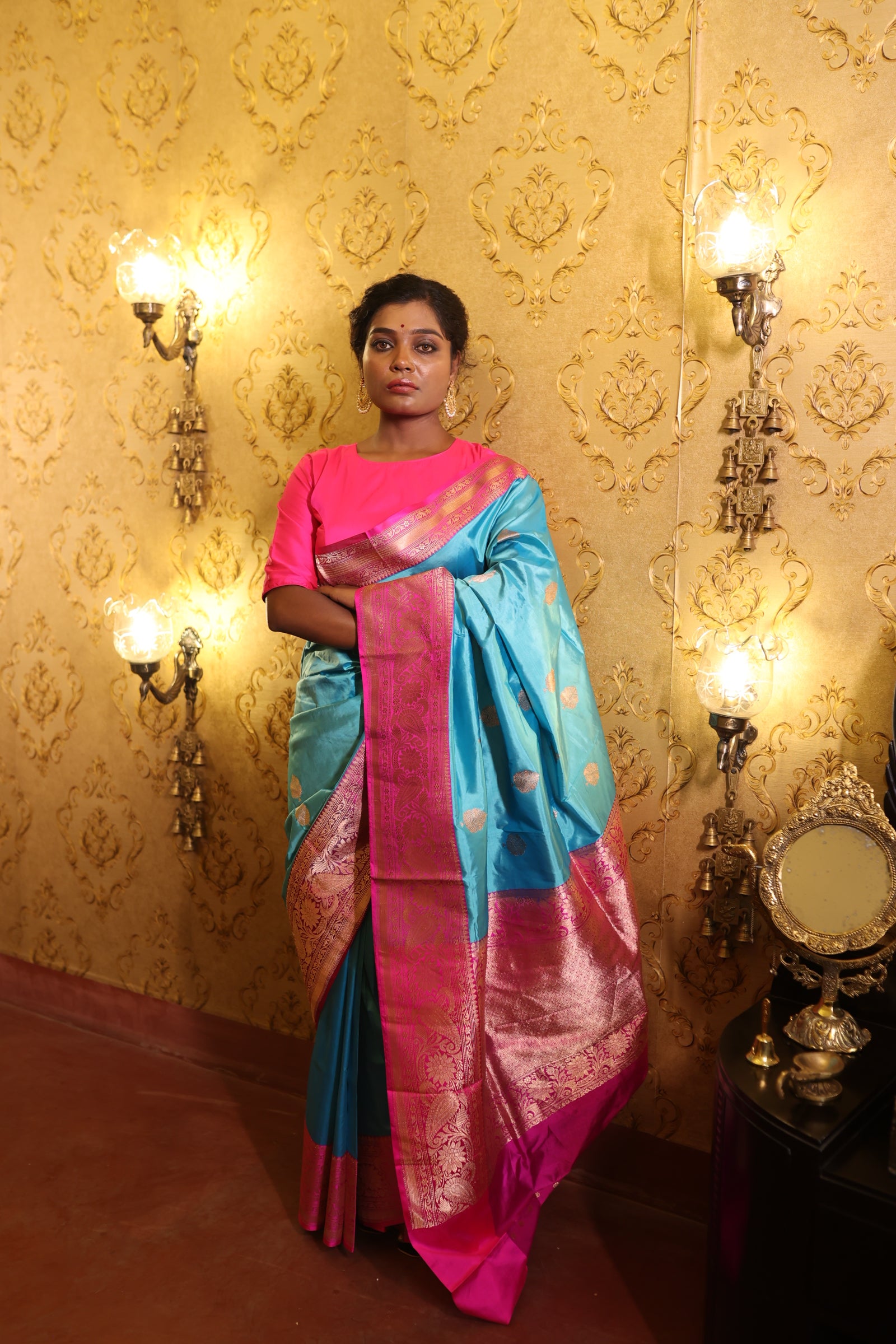 Ekambari || Sky Blue Pure Katan Handloom Banarasi Saree with all over Copper Zari Kadhua Buta and Magenta border