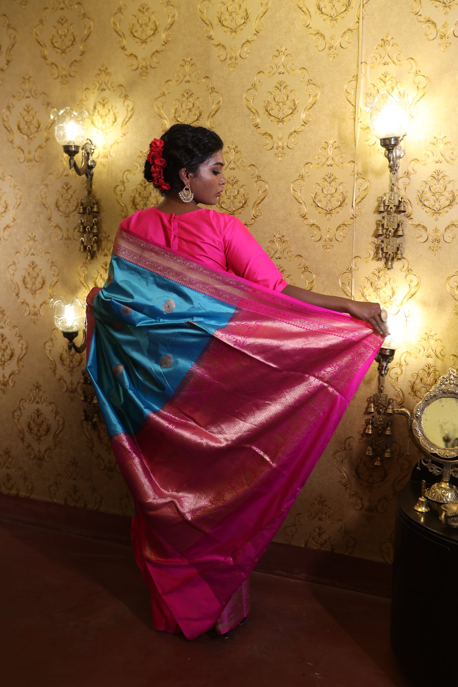 Ekambari || Sky Blue Pure Katan Handloom Banarasi Saree with all over Copper Zari Kadhua Buta and Magenta border