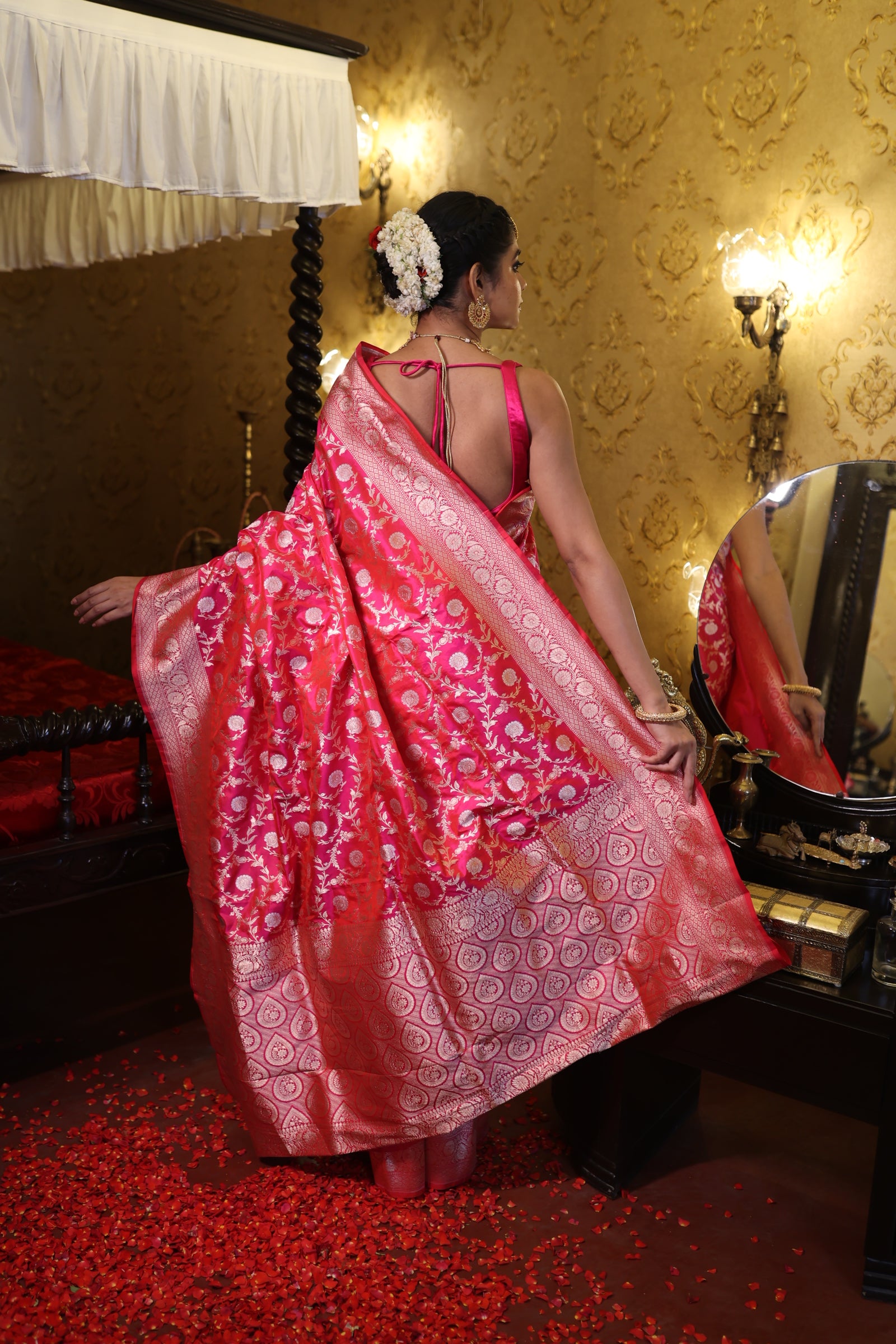 Pritika || Magenta Pink & Red dual tone Pure Katan Banarasi Saree with all over 'Sona-Rupa' Zari Floral Jaal