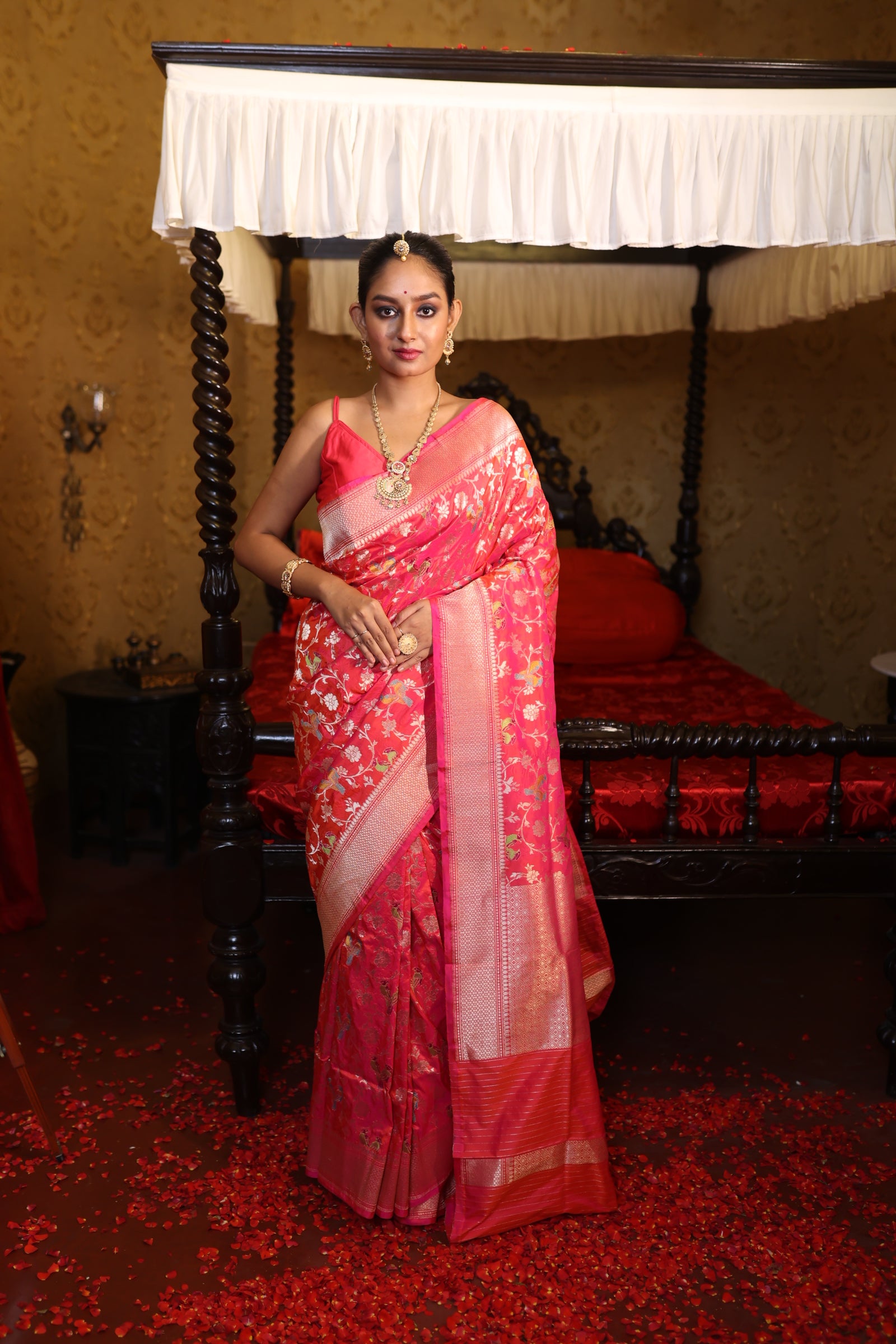 Pakhi || Rani & Magenta Pink dual tone Pure Katan Handloom Banarasi Shikargah Saree with all over Twin Birds motif in Matte Gold Zari