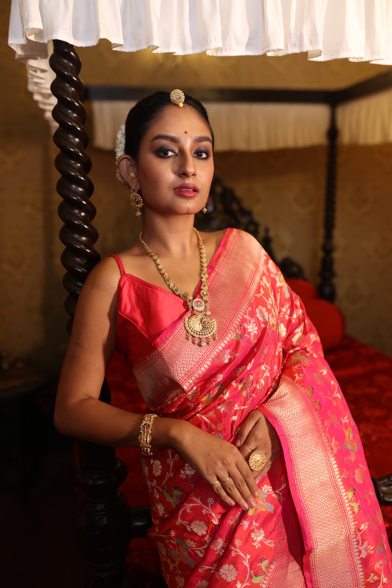 Pakhi || Rani & Magenta Pink dual tone Pure Katan Handloom Banarasi Shikargah Saree with all over Twin Birds motif in Matte Gold Zari