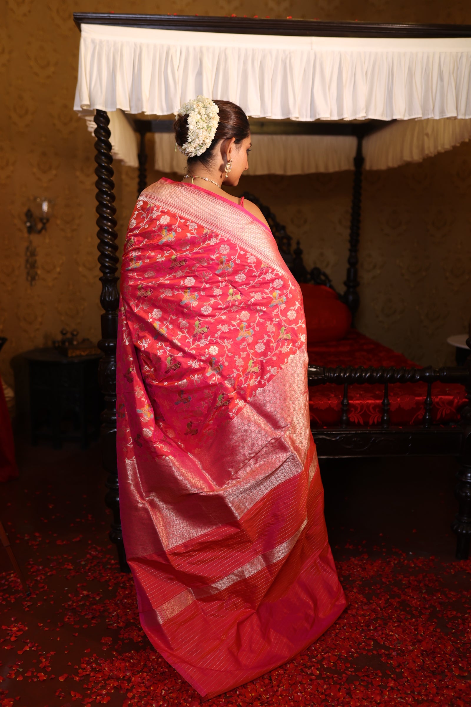 Pakhi || Rani & Magenta Pink dual tone Pure Katan Handloom Banarasi Shikargah Saree with all over Twin Birds motif in Matte Gold Zari