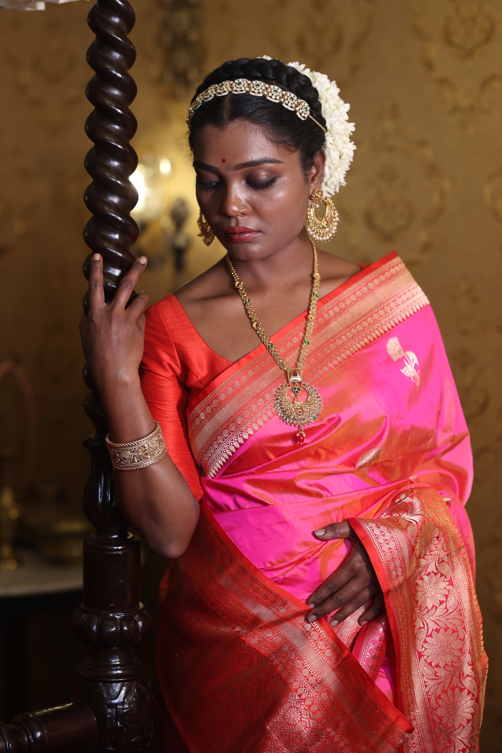 Parinita || Pink & Orange dual-tone Pure Katan Handloom Banarasi Saree with all over Copper Zari Kadhua Buta and Tomato Red border