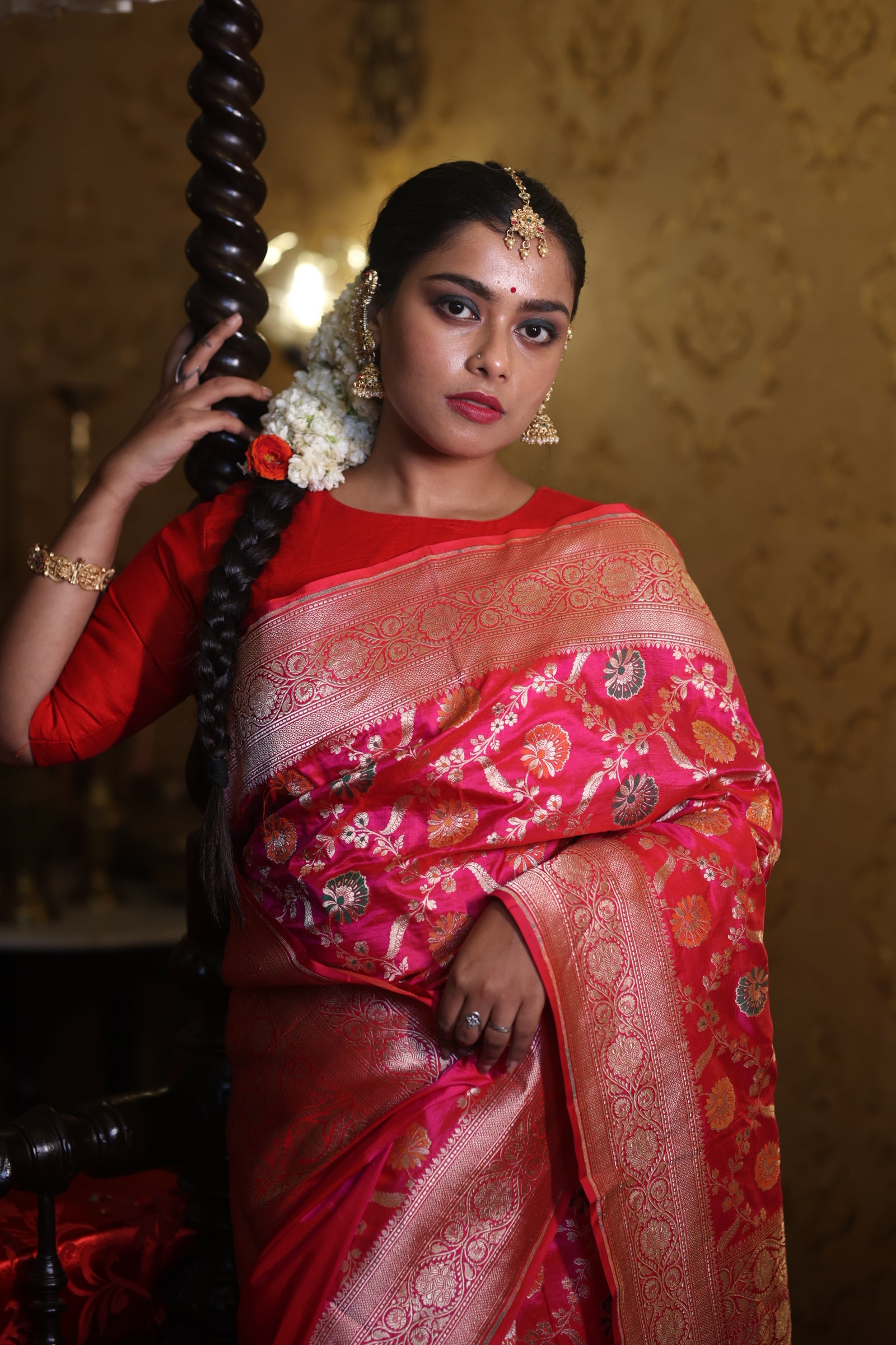 Ridhima || Rani Pink & Magenta dual tone Pure Katan Banarasi Saree with all over Jangla in Matte Gold Zari and Meenakari highlights