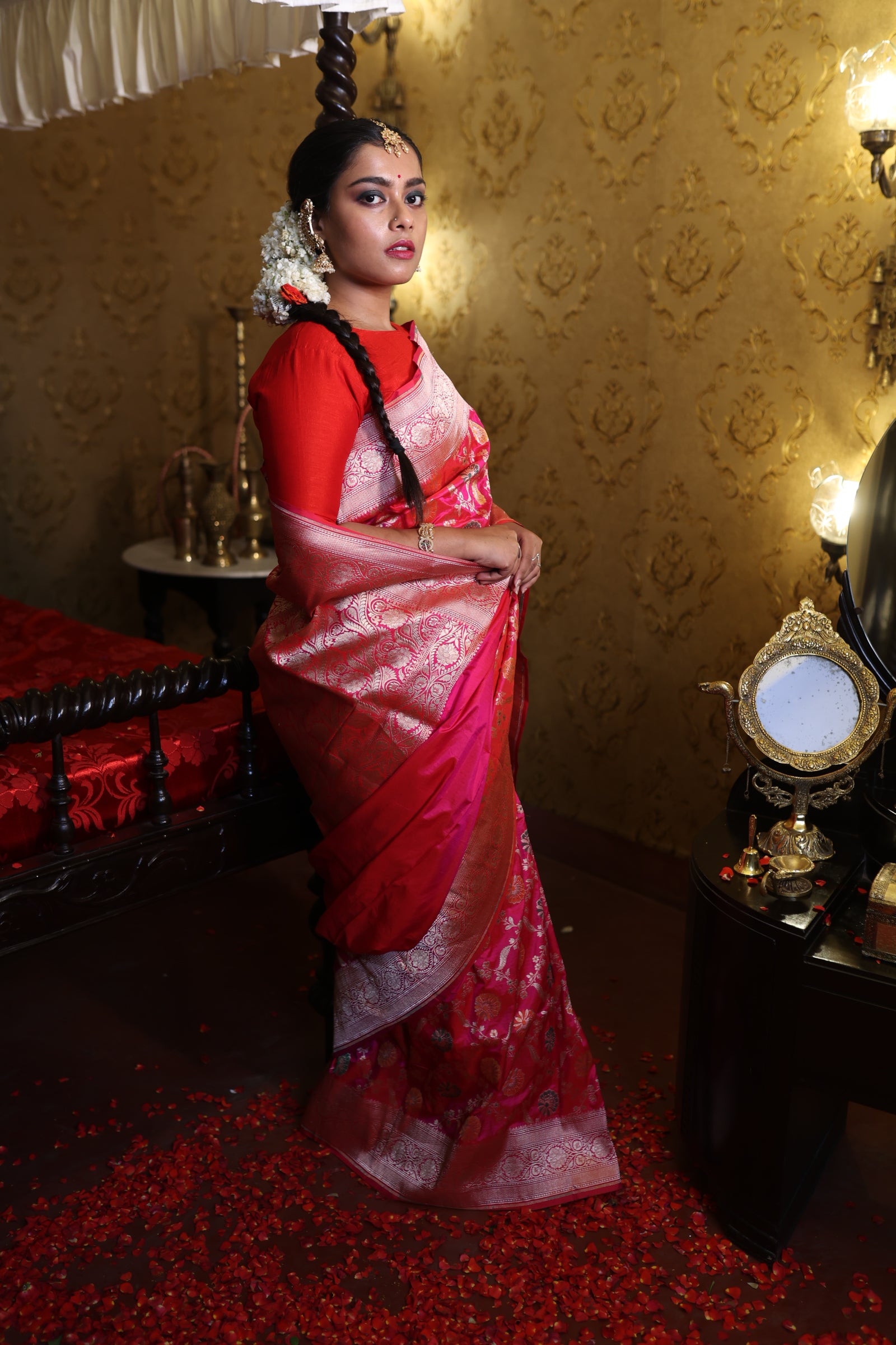 Ridhima || Rani Pink & Magenta dual tone Pure Katan Banarasi Saree with all over Jangla in Matte Gold Zari and Meenakari highlights