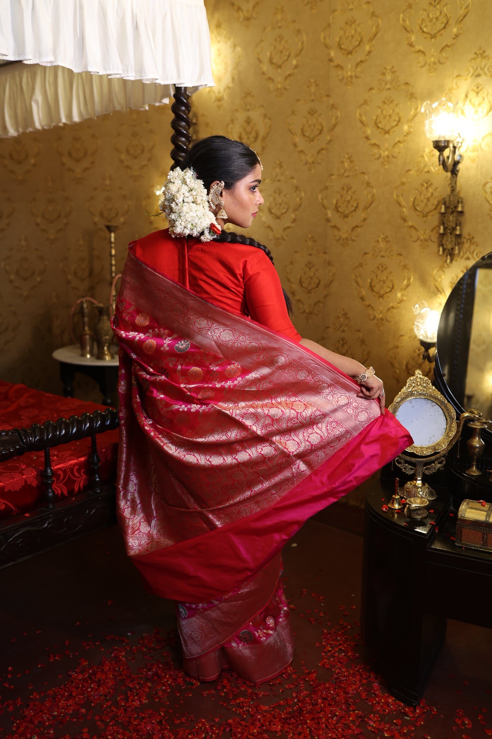 Ridhima || Rani Pink & Magenta dual tone Pure Katan Banarasi Saree with all over Jangla in Matte Gold Zari and Meenakari highlights