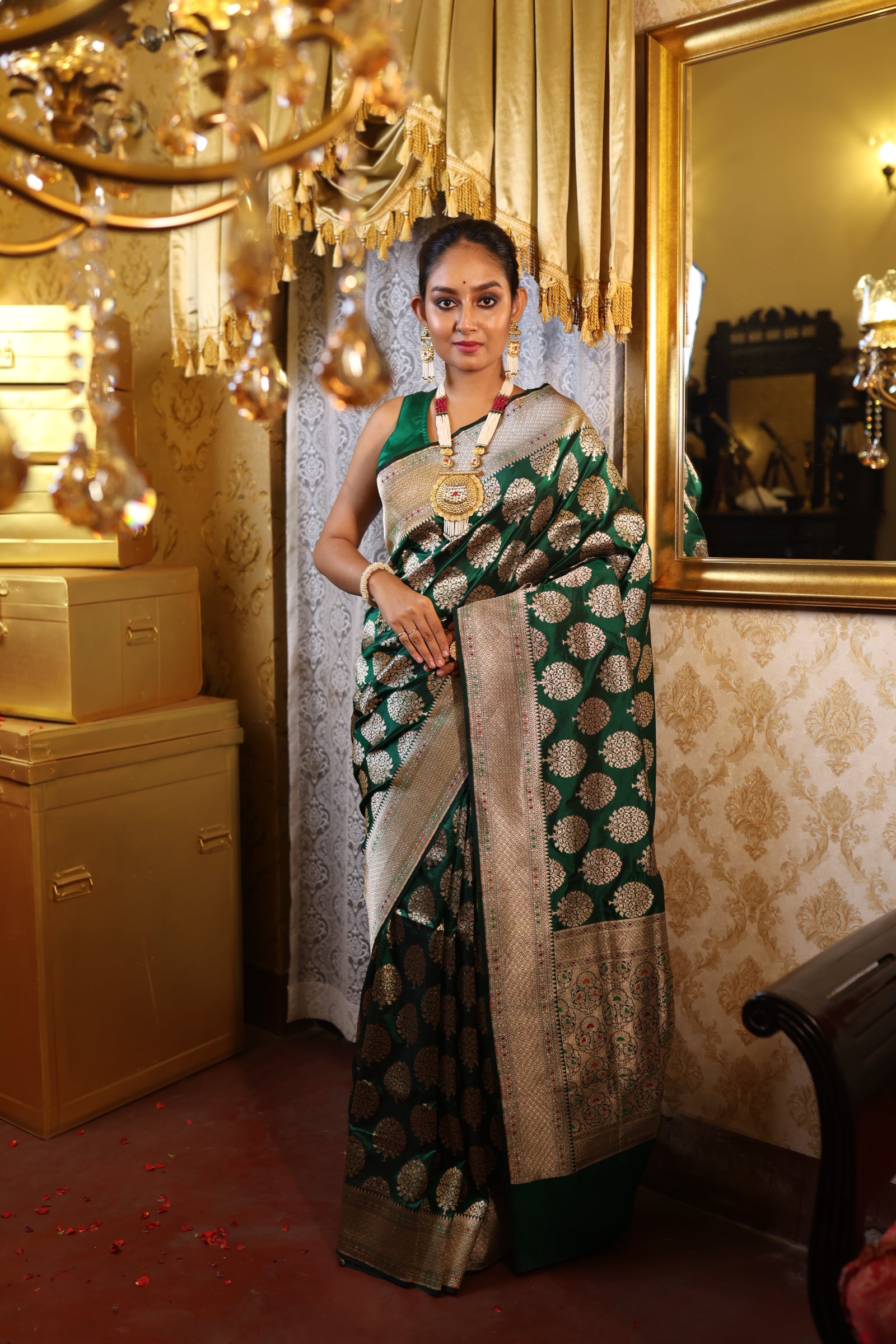 Bhumika || Bottle Green Pure Katan Banarasi Saree with all over Tree motif woven in Matte Gold Zari and Meenakari highlights