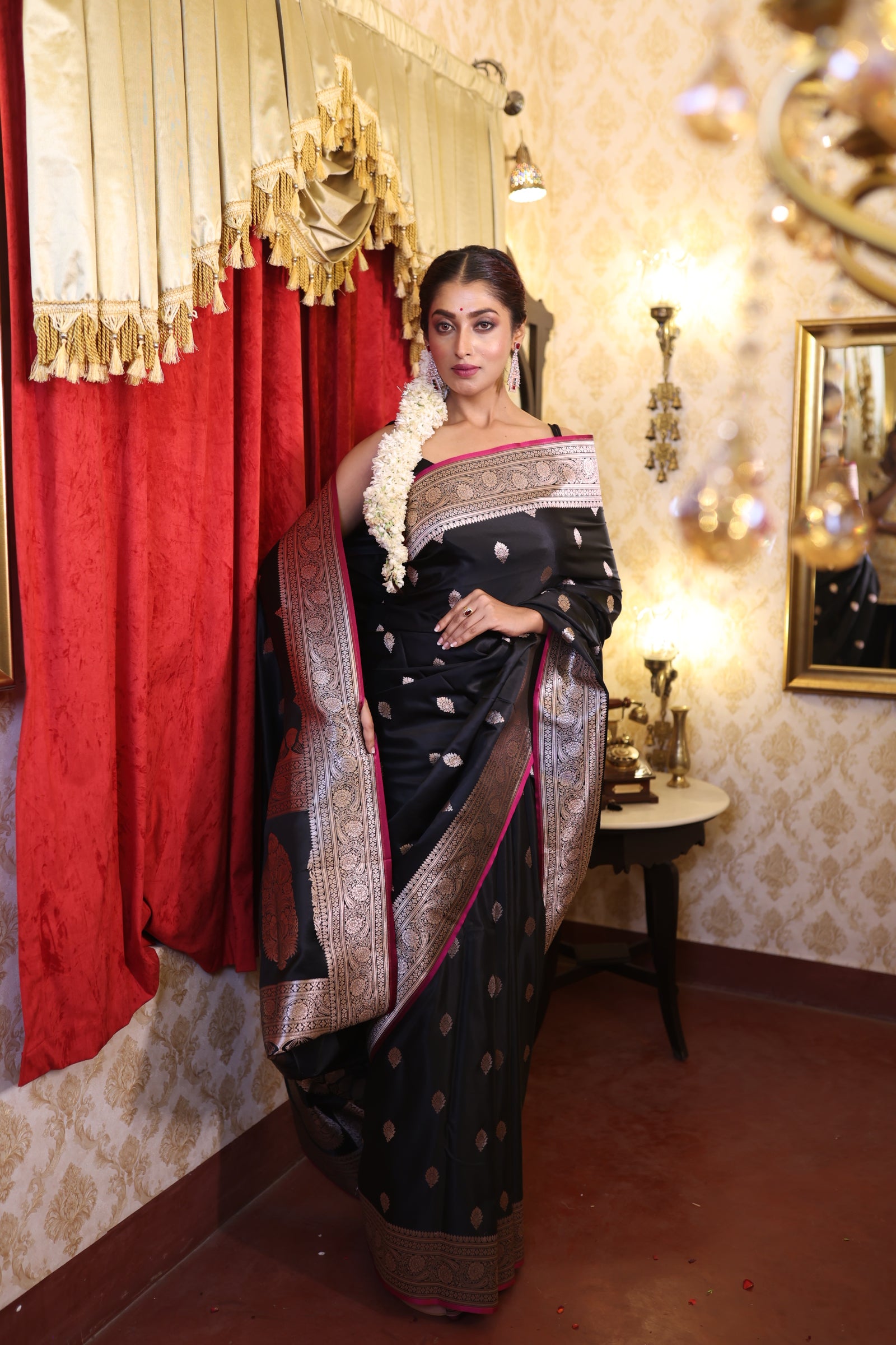 Kajri || Black Banarasi Mashru Silk Banarasi Saree with all over Copper Zari Buta and sleek Magenta border