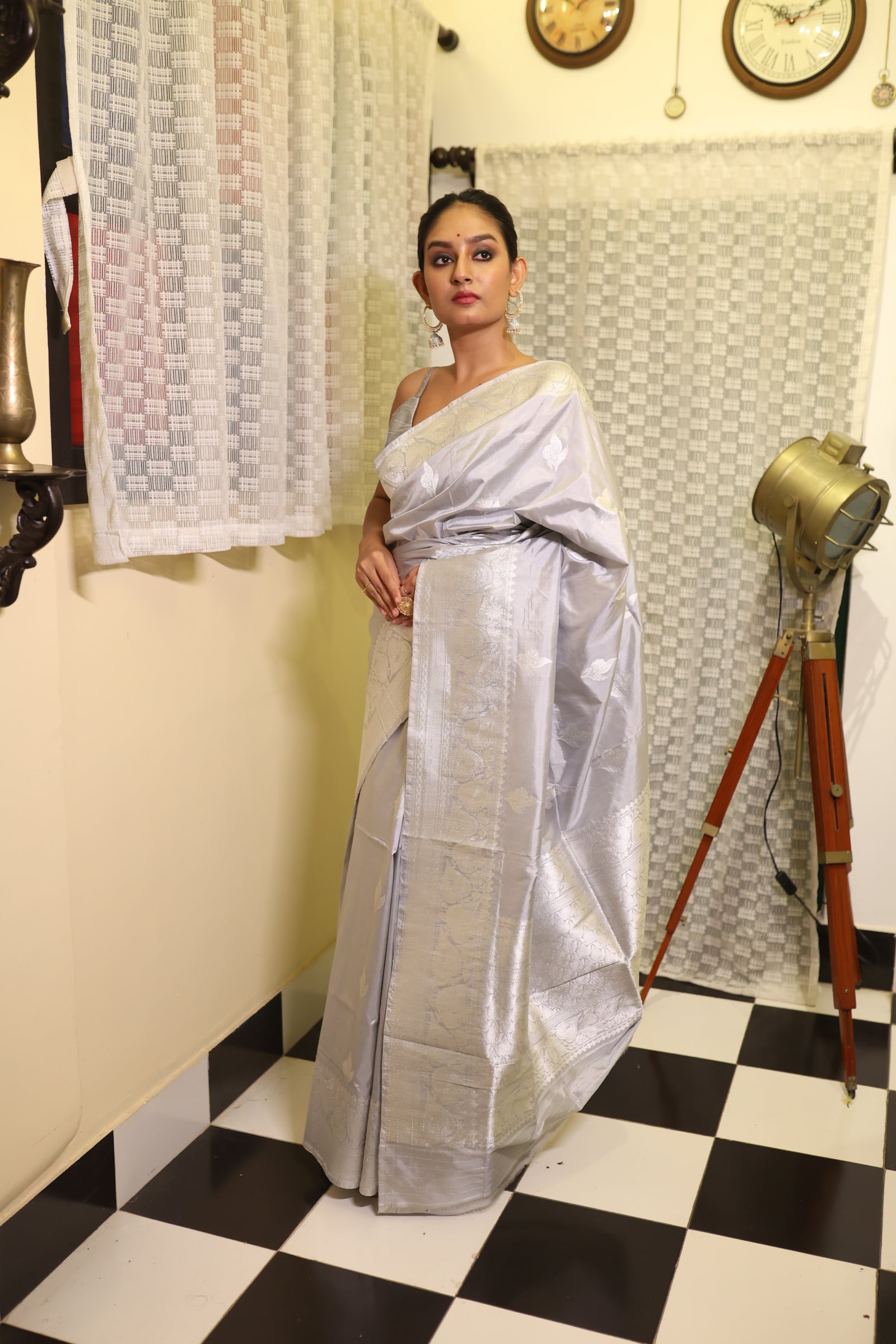 Ojasvi || Steel Grey Pure Katan Handloom Banarasi Saree with all over Metallic Silver Zari Kadhua Buta and Border
