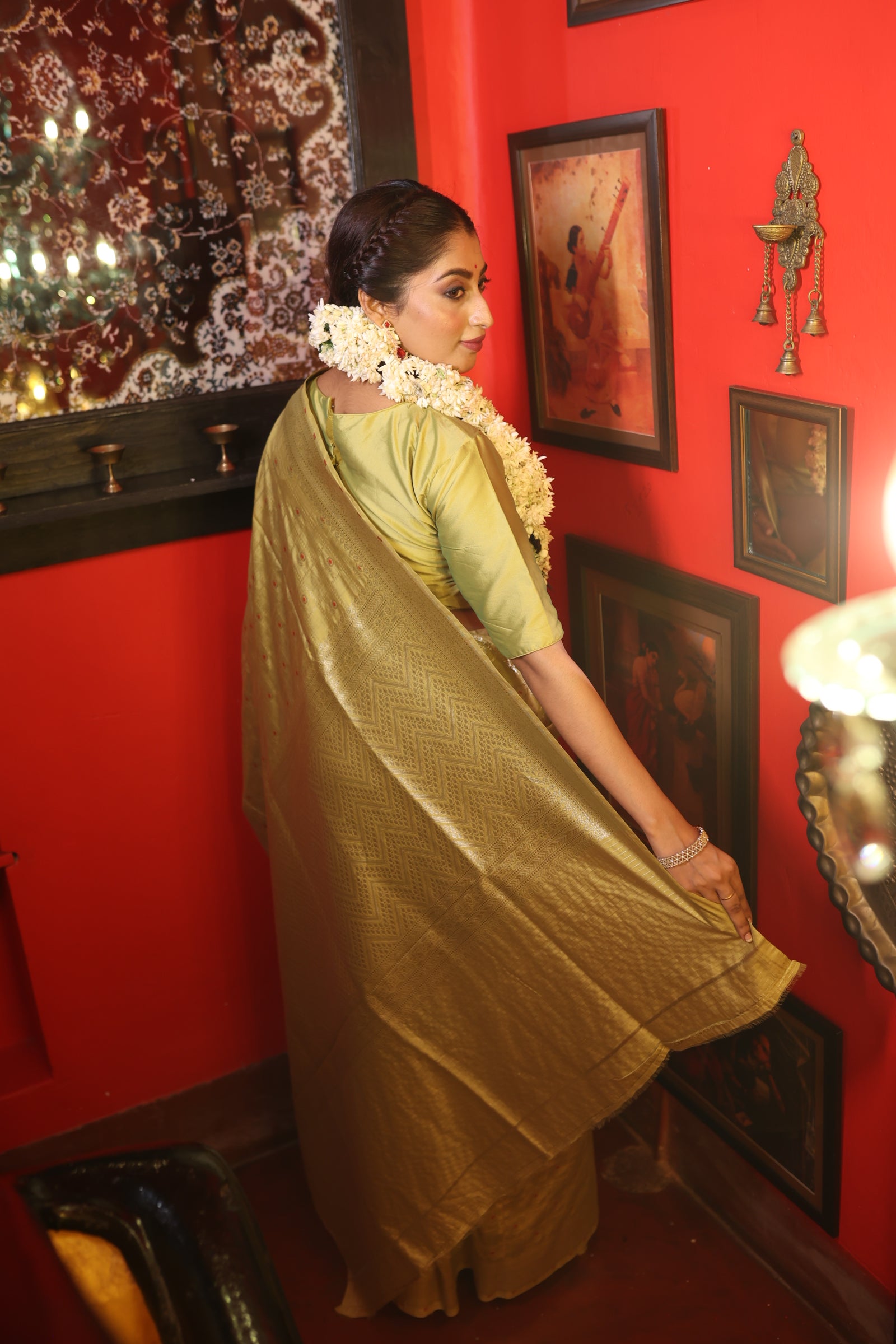 Anuradha || Olive Green Pure Munga Handloom Banarasi Saree with all over Matte Gold Zari Floral Buti, Meenakari highlights and Box motif