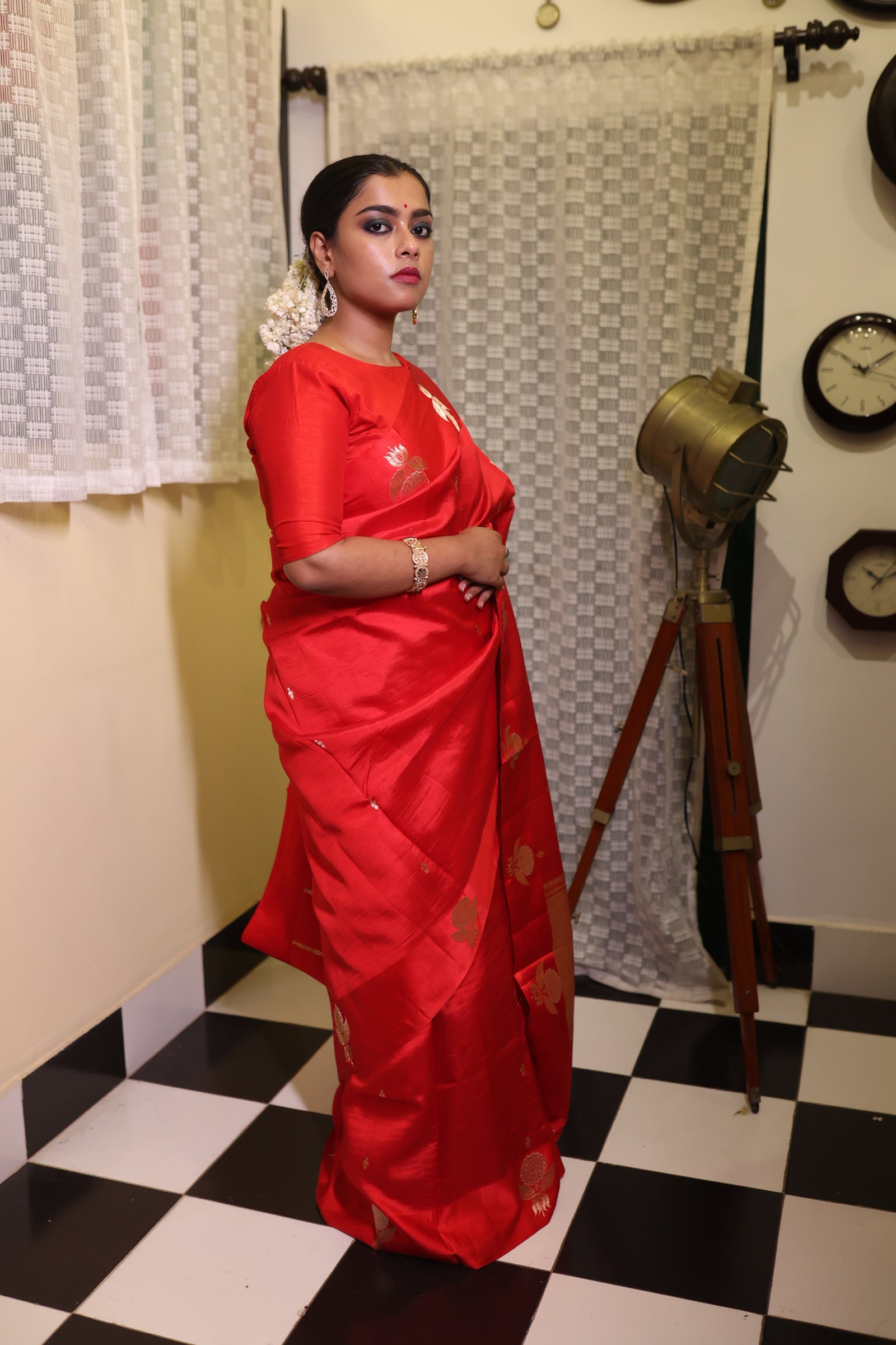 Sindura || Red Pure Raw Mango Silk Handloom Banarasi Saree with all over 'Sona-Rupa' Kadhua Buti and Floral motif border