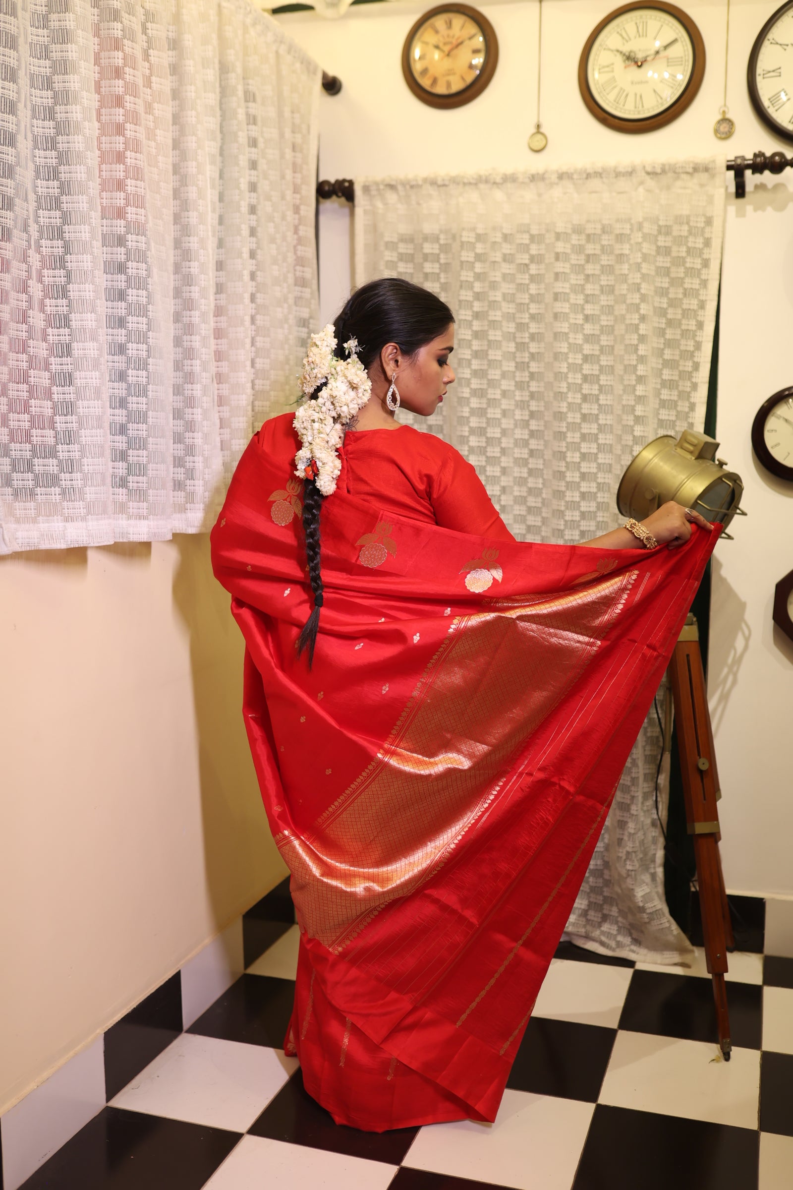 Sindura || Red Pure Raw Mango Silk Handloom Banarasi Saree with all over 'Sona-Rupa' Kadhua Buti and Floral motif border
